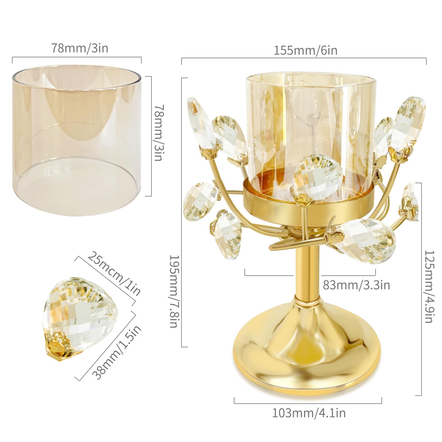 YIUTOYILY Gold Hurricane Candle Holder, Crystal Candle Holders for Pillar Candles with Clear Glass Sleeve - Elegant Centerpiece for Weddings, Dinners, Party Decor