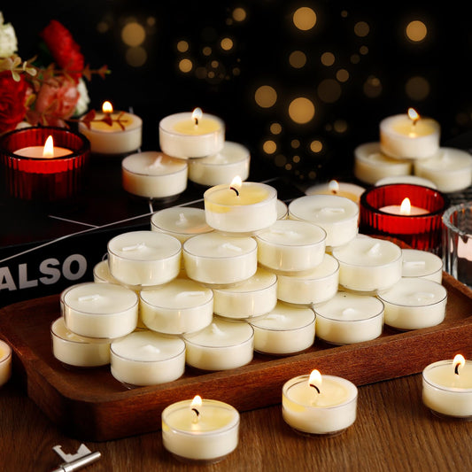 Loccmat 100 Pack Soy Tea Lights Candles,Tealight Candles Bulk,Unscented Natural White Tealight Candle,4 Hours Long Burning,Mini Tea Light Candle for Dinner,Weddings,Emergency,Home Decor