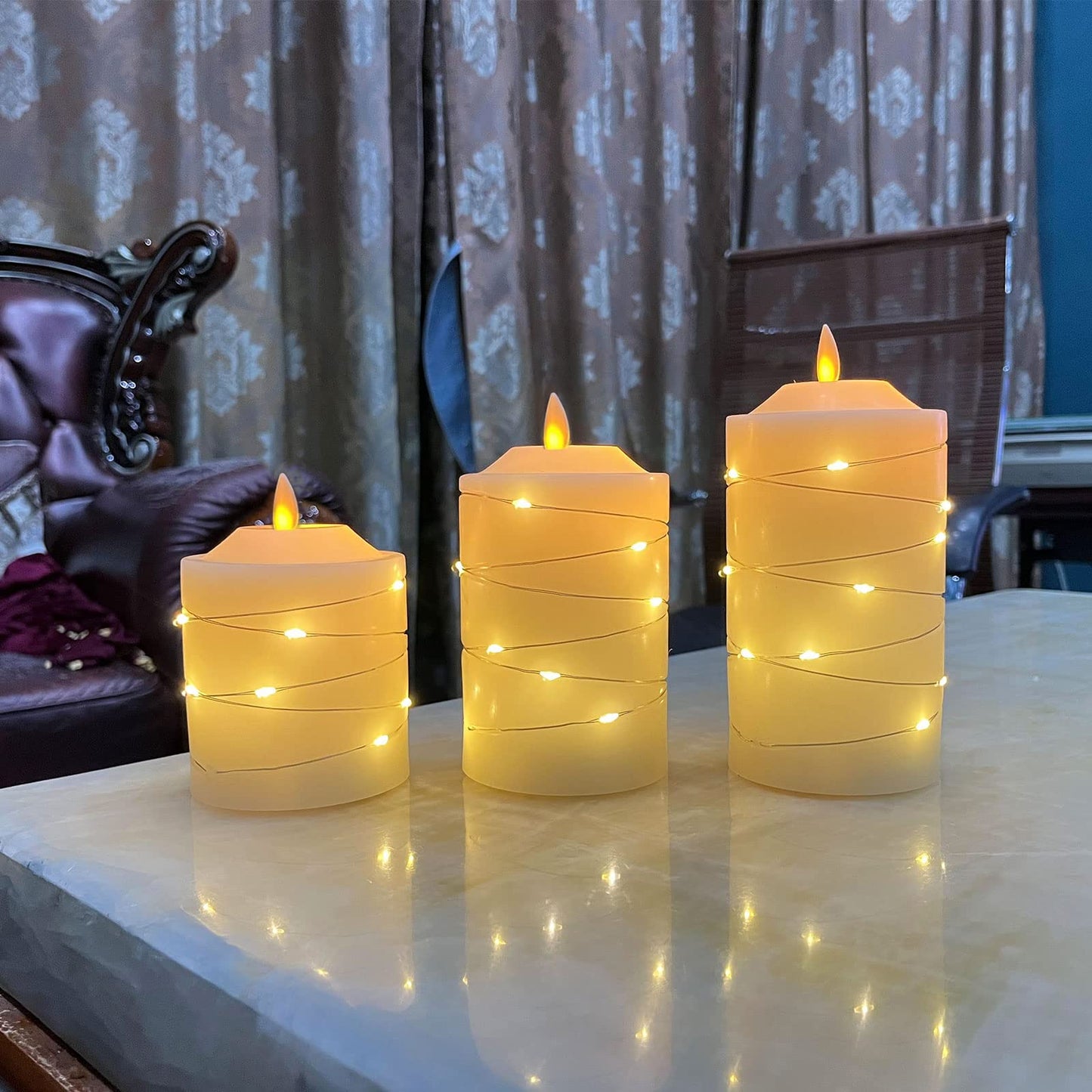 Battery Operated Flameless LED Candles: with Embedded String Lights, 3 Pack Flickering Electric Candle with 10-Key Remote Control for Seasonal Festival Celebration Real Wax(Batteries not Included)