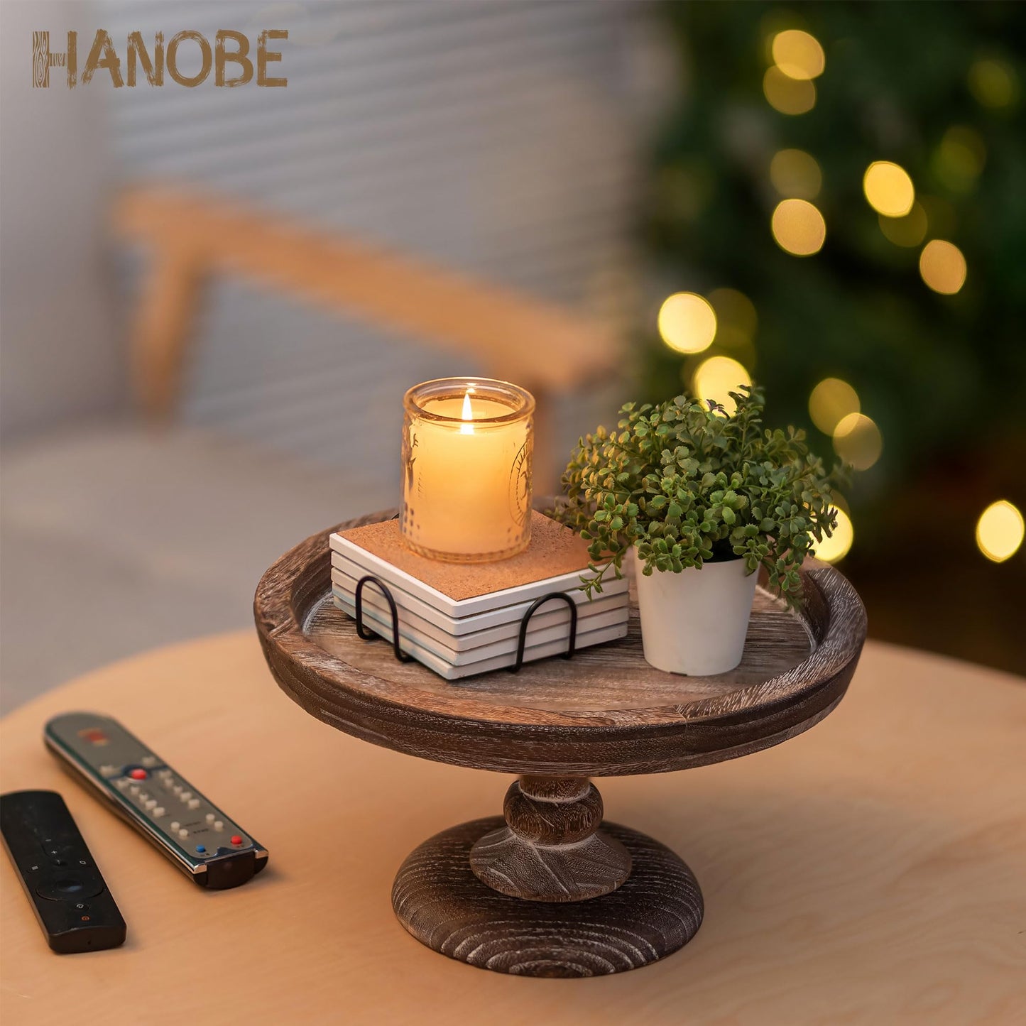 Hanobe Display Riser for Farmhouse Decor: Rustic Wooden Risers Round Decorative Pedestal Plate Stand Holder Tray for Candle, Cupcake, Plant