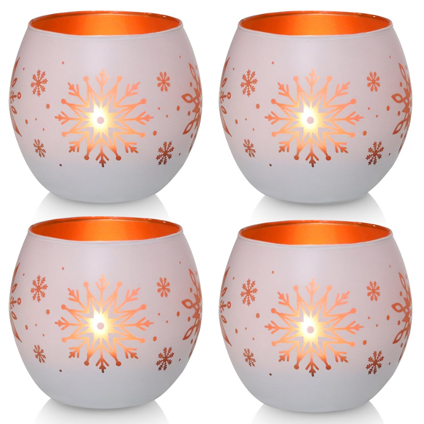 Snowflake Christmas Candle Holders Set of 4, Gold & White Glass Tealight Votive Holders for Winter Decor, Xmas Table Centerpieces, Indoor Christmas Decorations, Ideal