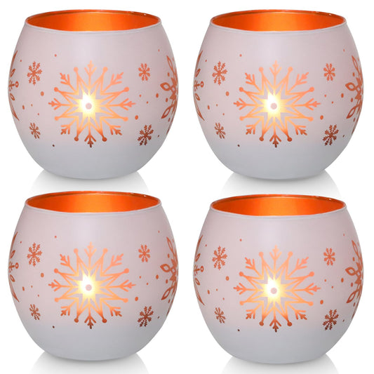 Snowflake Christmas Candle Holders Set of 4, Gold & White Glass Tealight Votive Holders for Winter Decor, Xmas Table Centerpieces, Indoor Christmas Decorations, Ideal