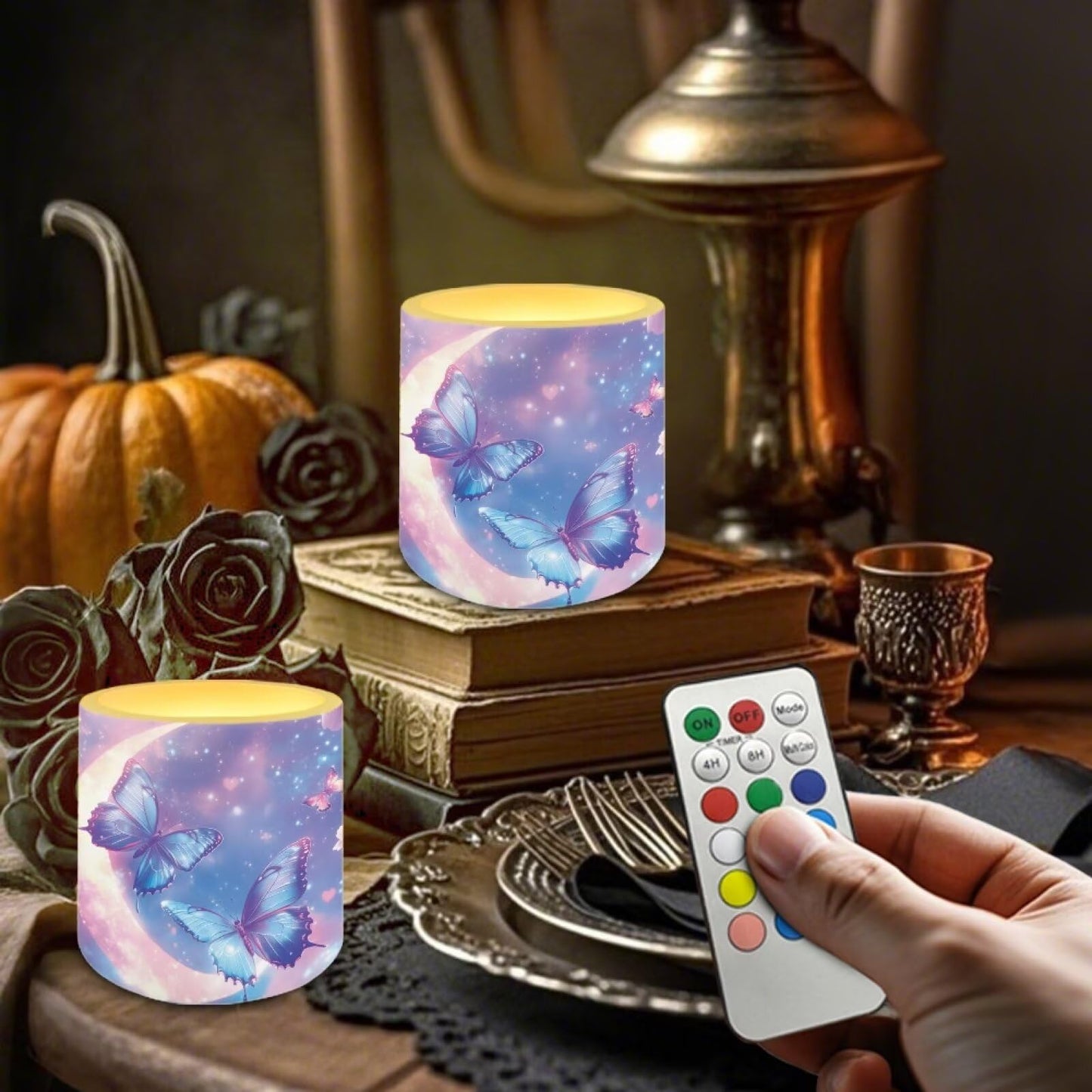 NETILGEN 4 Packs Flameless Candles with Remote Timer Color Changing 3 inch Flickering Flameless Candles with Battery Operated Moon Blue Butterfly Print