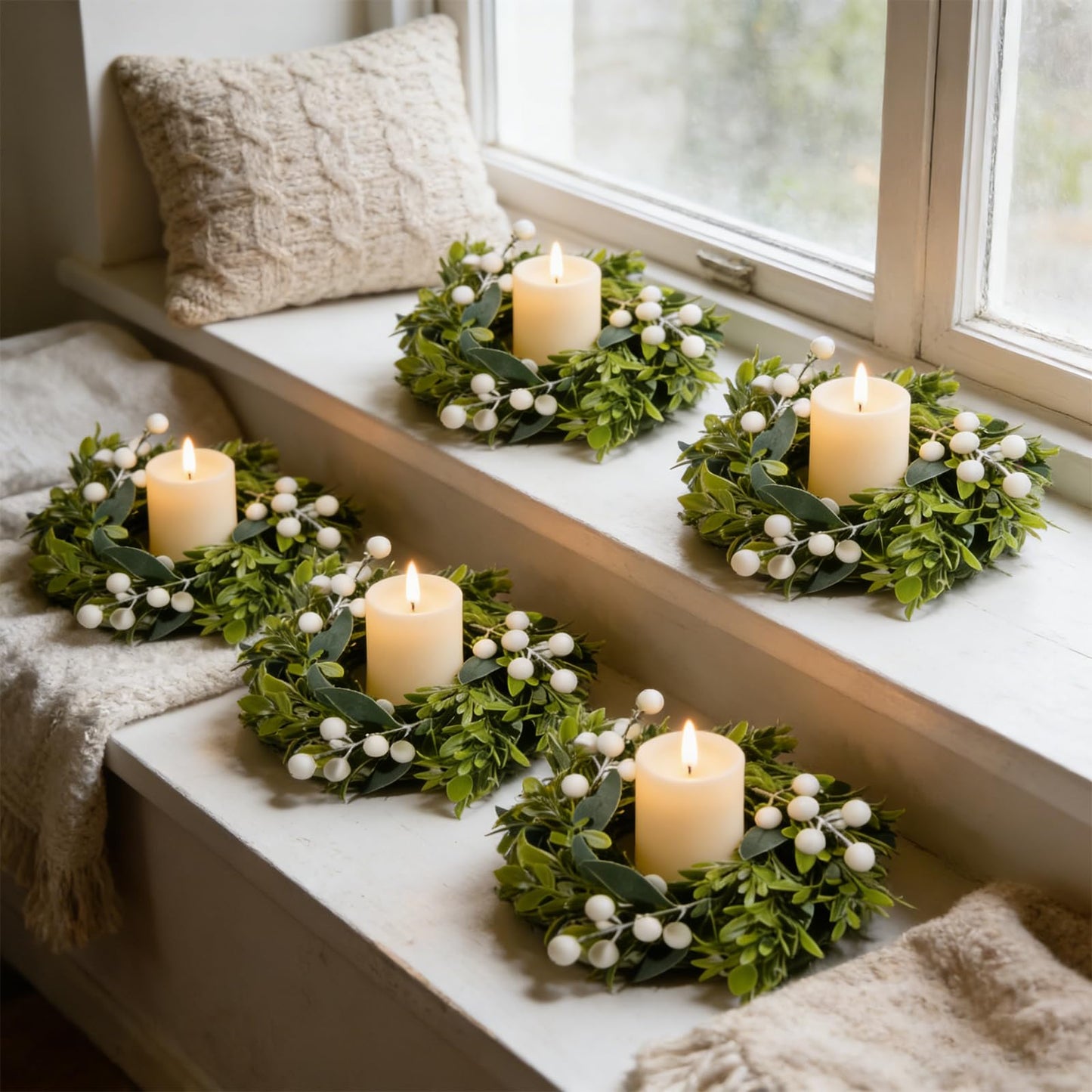 6 Pcs Small Spring Summer Candle Ring Wreaths with Artificial Boxwood Greenery White Berry Branches Mini Pillar Candle Holder Wreath for Home Table Centerpieces Kitchen Wedding Farmhouse Party Decor