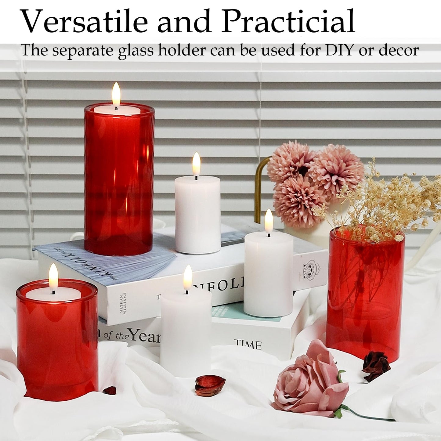 NURADA Flameless Candles with Remote Timer: 3D Wick Battery Operated Led Pillar Candle Fake Candles Set for Wedding Birthday Halloween Christmas Decorations - Red
