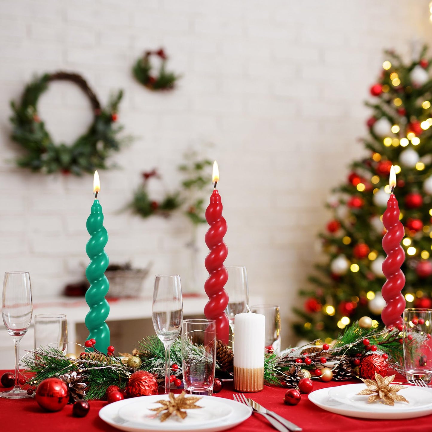 Zhengmy 4 Pcs Red Green Spiral Taper Candle 7 Inch Twisted Long Wax Dinner Candlestick for Fall Halloween Christmas Holiday Valentines Wedding Birthday Baby Shower Table Decor(Solid)