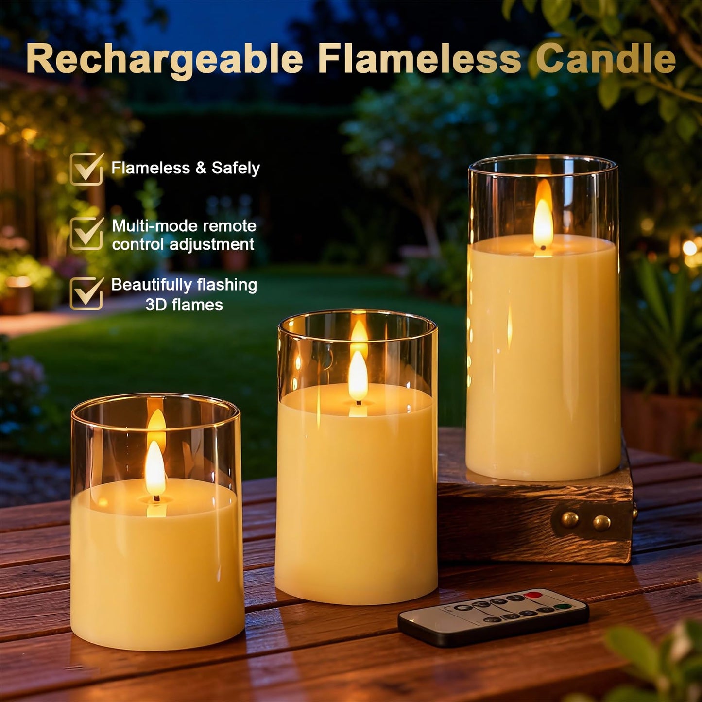 Eynshoo Gold Flameless LED Candles with Remote & Timer, 3-Piece Flickering Pillar Candle Set, Realistic Flame Effect, Adjustable Brightness, Battery Operated Candles for Home Decor, Wedding & Holiday