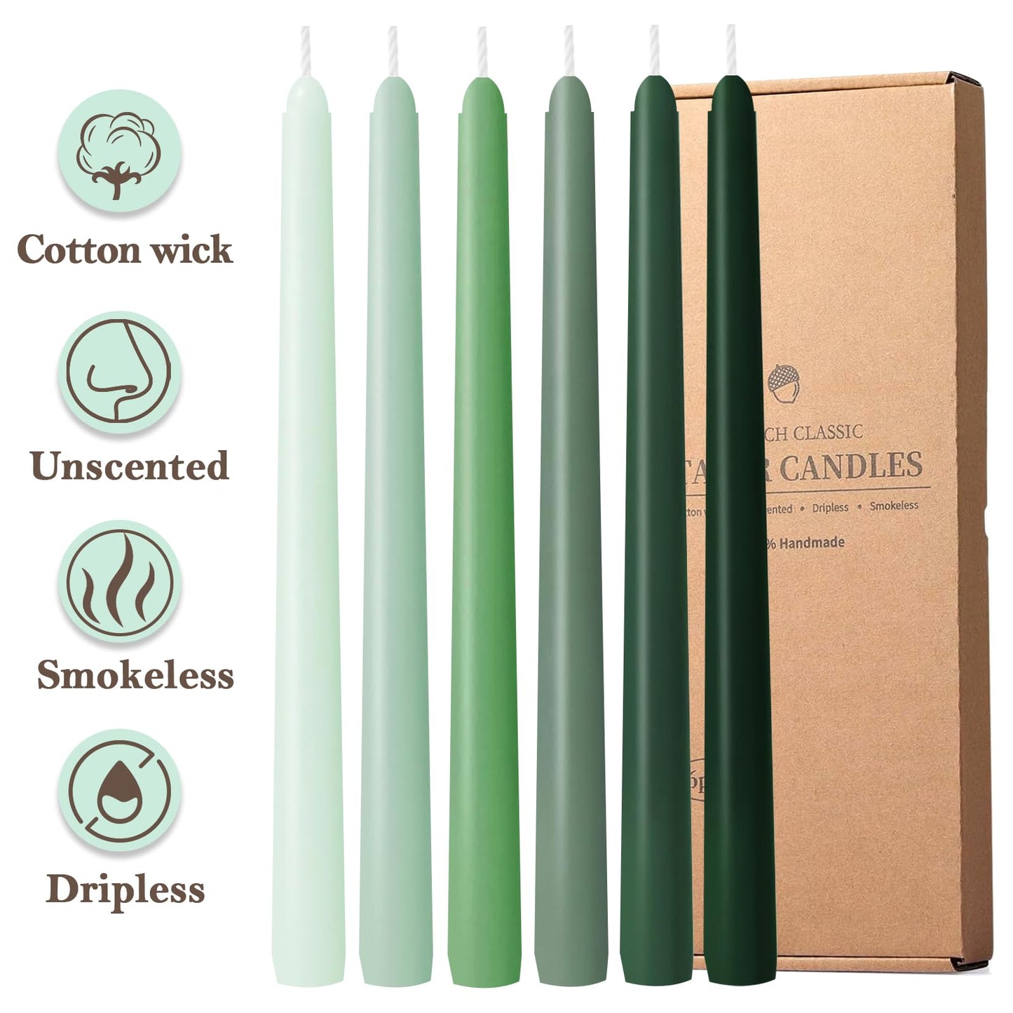 Unscented 12'' Taper Candles Set of 6 Gradual Green Tall Candlesticks for Spring Home Decor Dinner Wedding Party Holidays Christmas