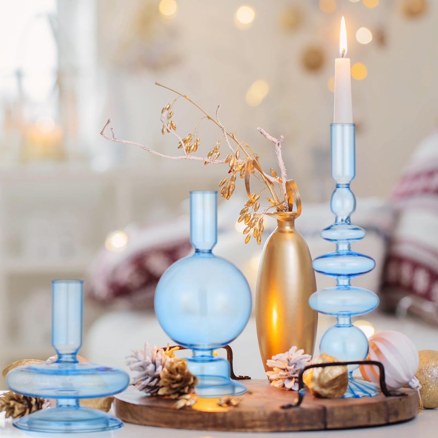 Rtteri 3 Pcs Glass Candlestick Holders Glass Candle Holders Groovy Wavy Elegant Taper Candle Stick for Wedding Home Birthday Party Easter St Patricks Day Decoration Windowsill Decor(Light Blue)