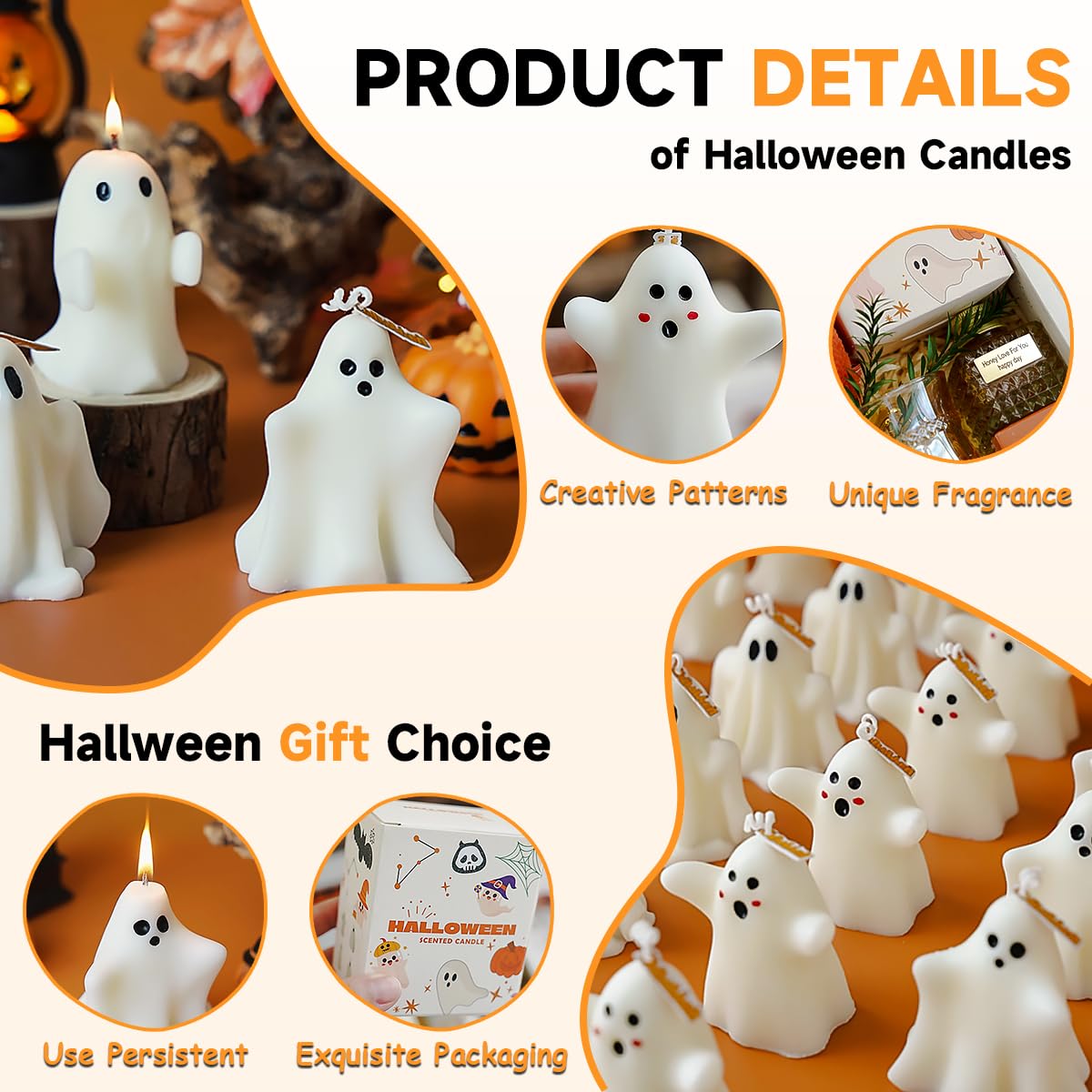 FANNEV 4Pcs Halloween Ghost Candles, Cute Ghost Scented Candle Decorations, Table Tea Light Candle Decoration for Bedroom, Bathroom and Living Room