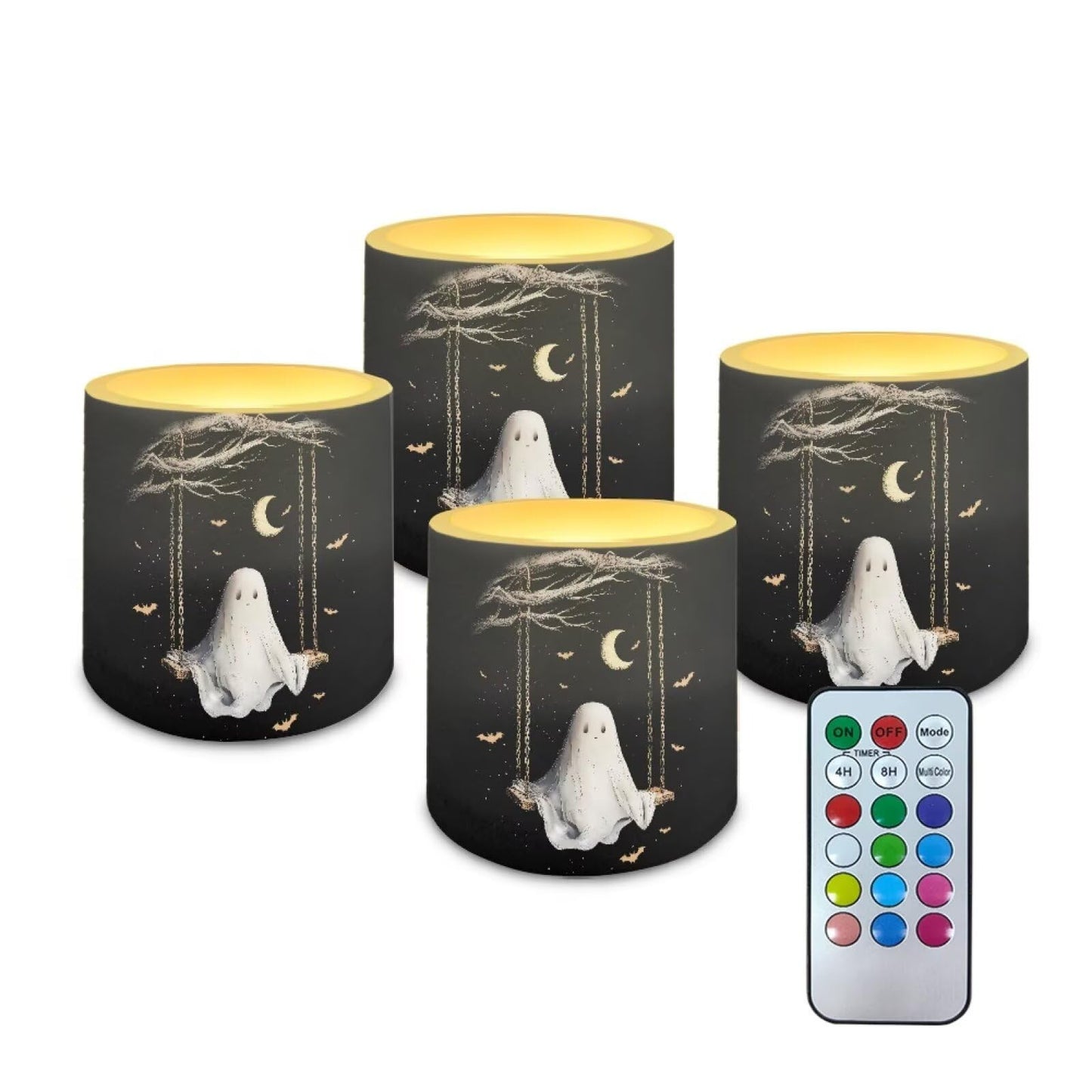 Merkmak 4Pcs Flameless Candles with Remote Halloween Moon Ghost Battery Operated Candles with Timer Pillar Tea Lights Bulk for Indoor Outdoor Banquet Party Home Decoration