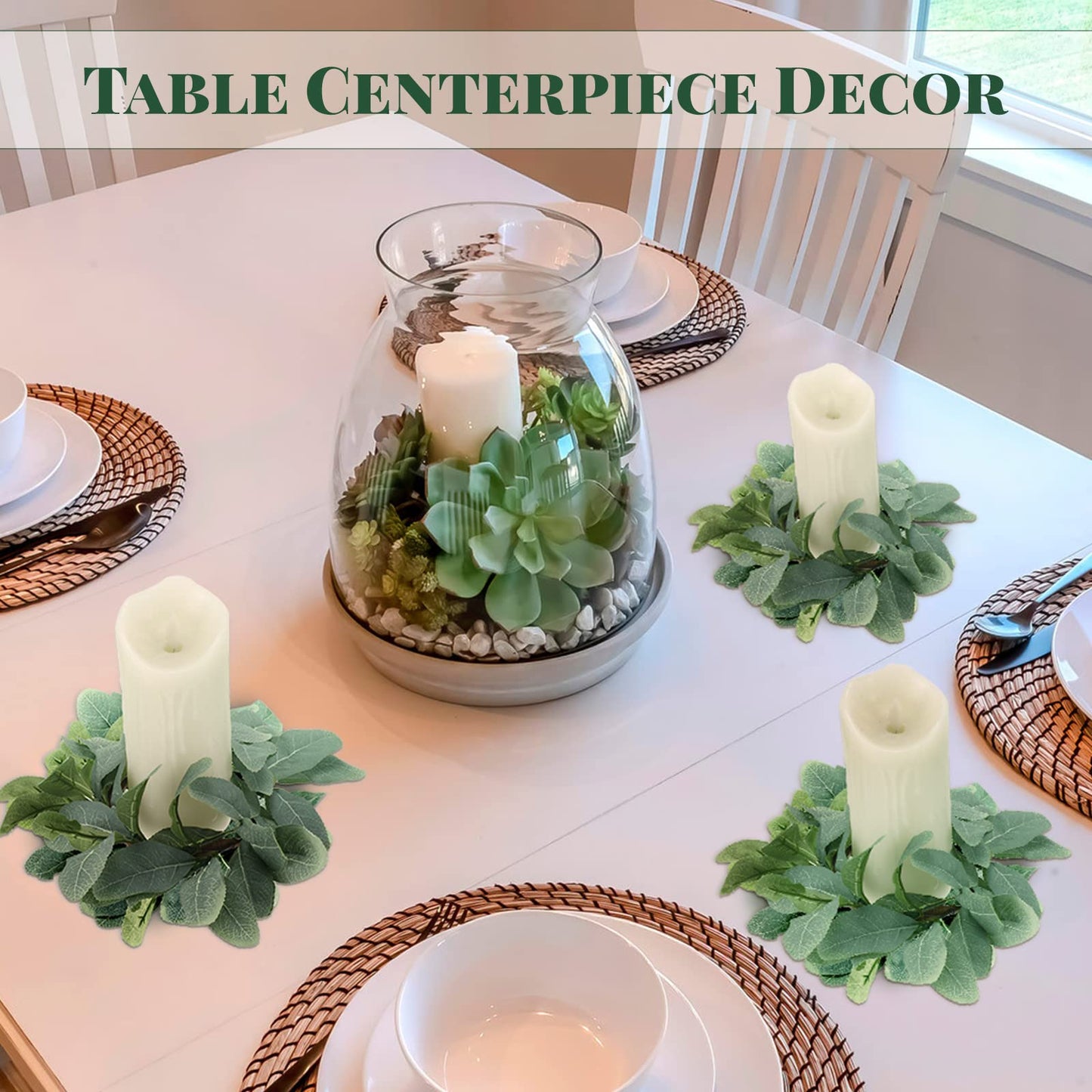 Panelee 20 Pcs Candle Rings Artificial Eucalyptus Candle Wreath Rings Greenery Leaves Boho Candles Garland Pillar for Wedding(Cute Leaf Style)