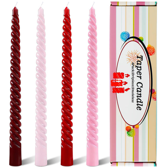 4 Pcs Spiral Twisted Taper Candles, Red Gradient Candlesticks of 4 Colors, Slow Burning Tapered Candles for Home Decor Wedding and Dinner Party
