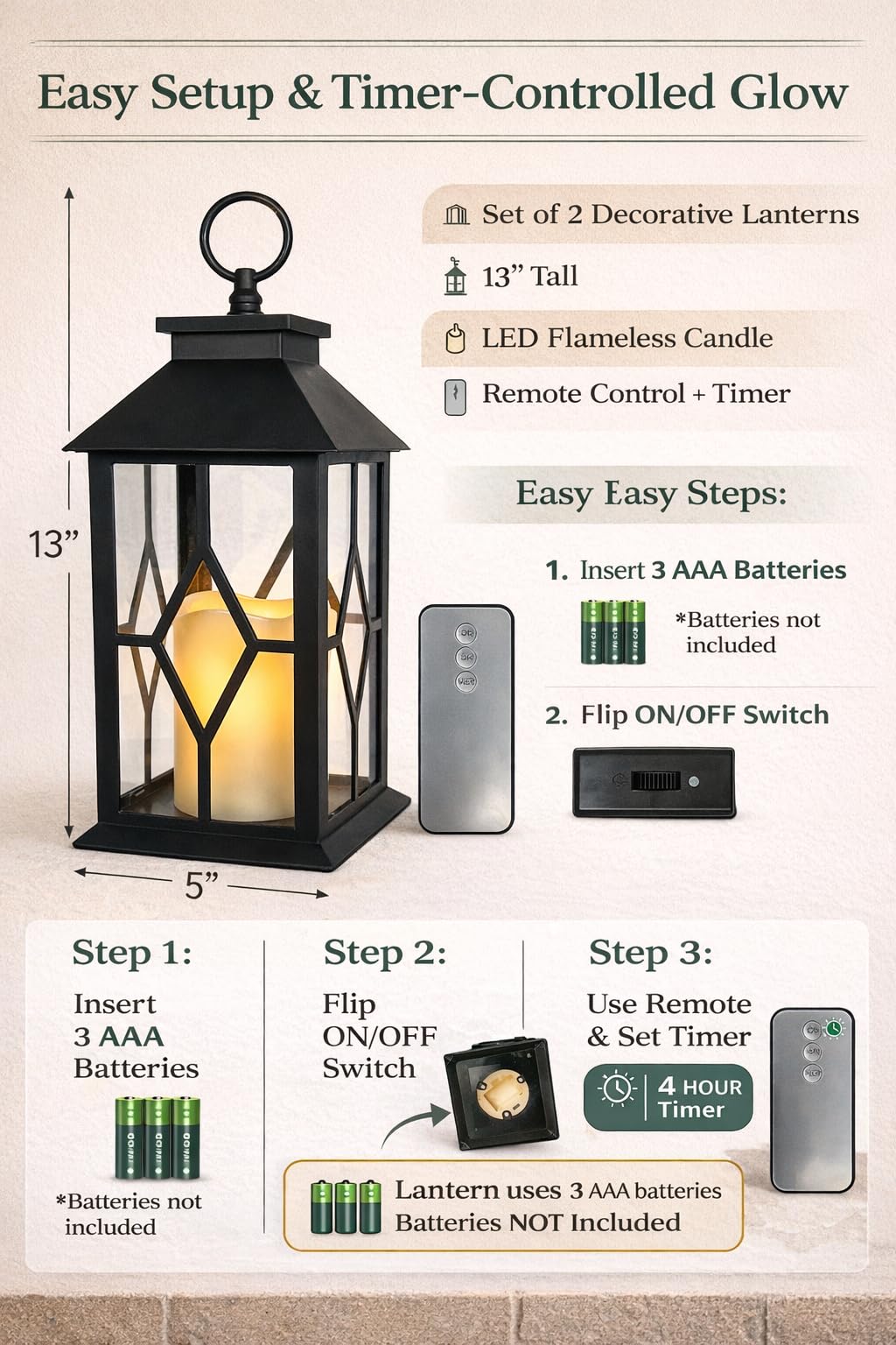 Decorative Black Lanterns Set of 2 with LED Flameless Candles, Remote & 4 Hour Timer, Indoor Outdoor Lantern Decor, Hanging or Tabletop Lighting, 13 Inch Tall