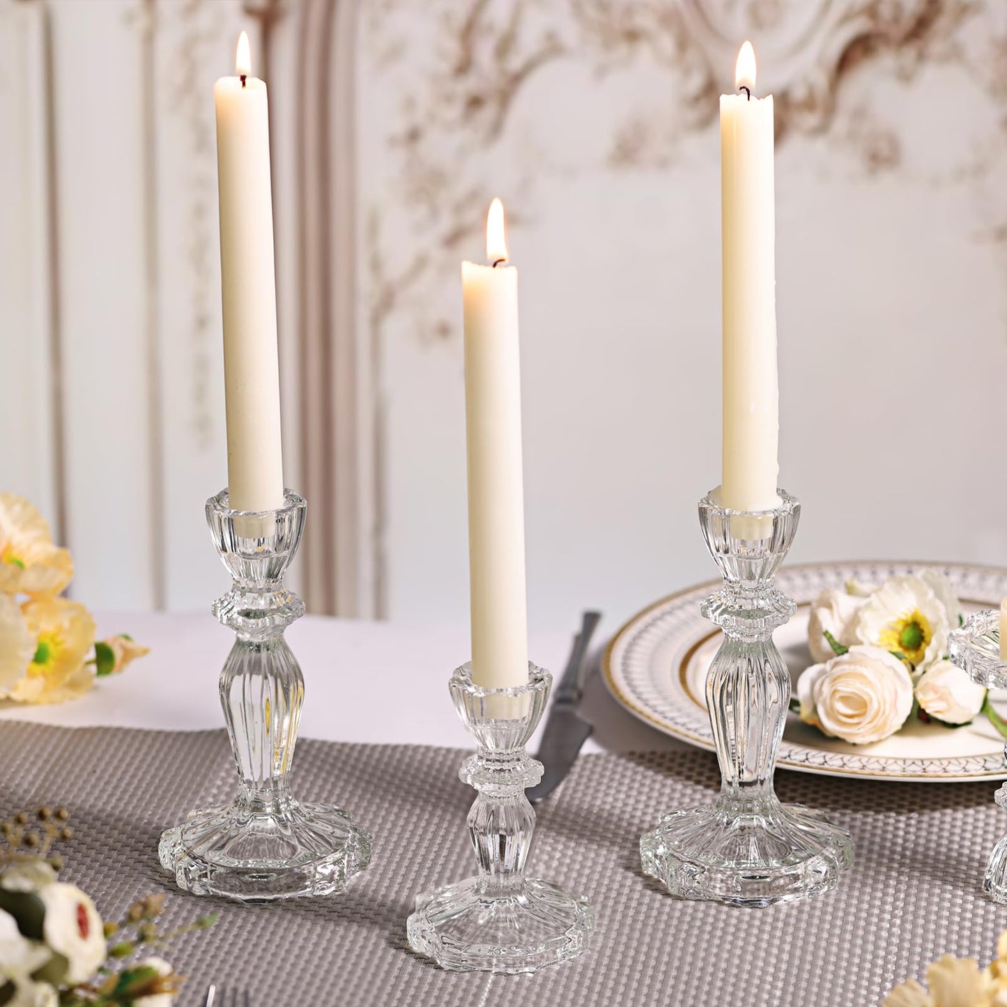 Simeitol Clear Candlestick Holders Set of 6, Taper Candle Holders, 4.3" H & 6.3" H Glass Candle Holder for Candlesticks & Pillar Candles, Crystal Candle Holders for Wedding and Home Decor