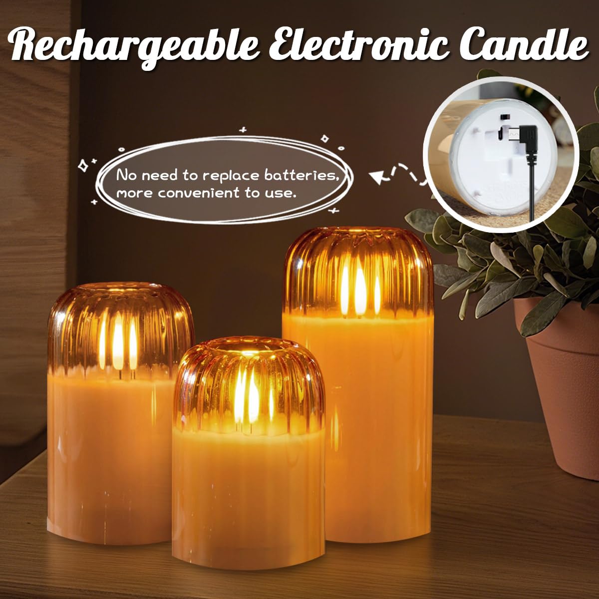 NICE POINT 3Pcs LED Candle Set Rechargeable with Remote Control,Gold Glass Flameless Candles,Candle Lights for Home Decor, Bedroom, Bathroom Accessories，Pumpkin Fake Candles for Halloween