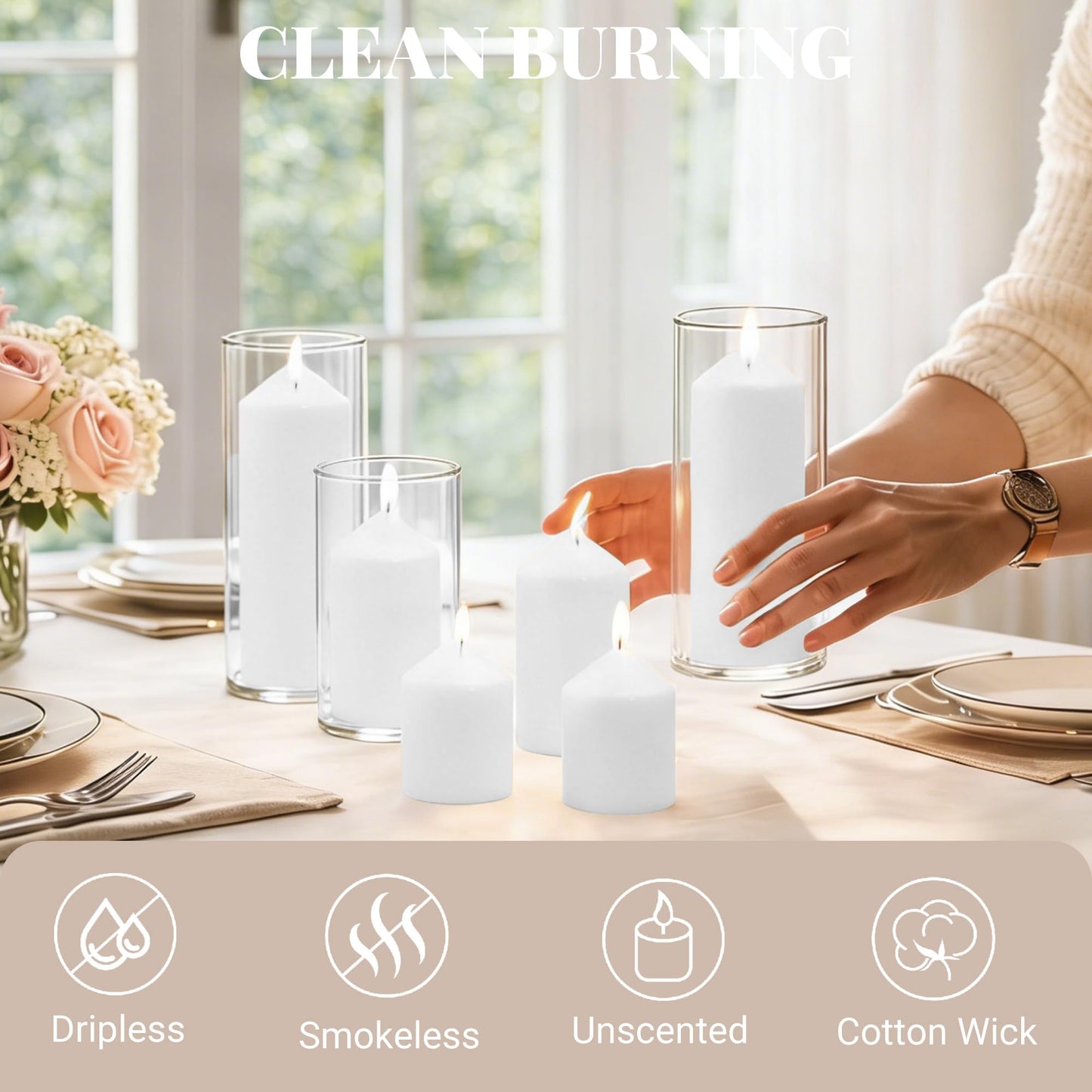 HTTBEIZI Pillar Candles Bulk Set - Unscented, Smokeless, Dripless | 3 Sizes: 2x3, 2x4, 2x6 Inches | Ideal for Weddings, Christmas & Home Decor (18, White)