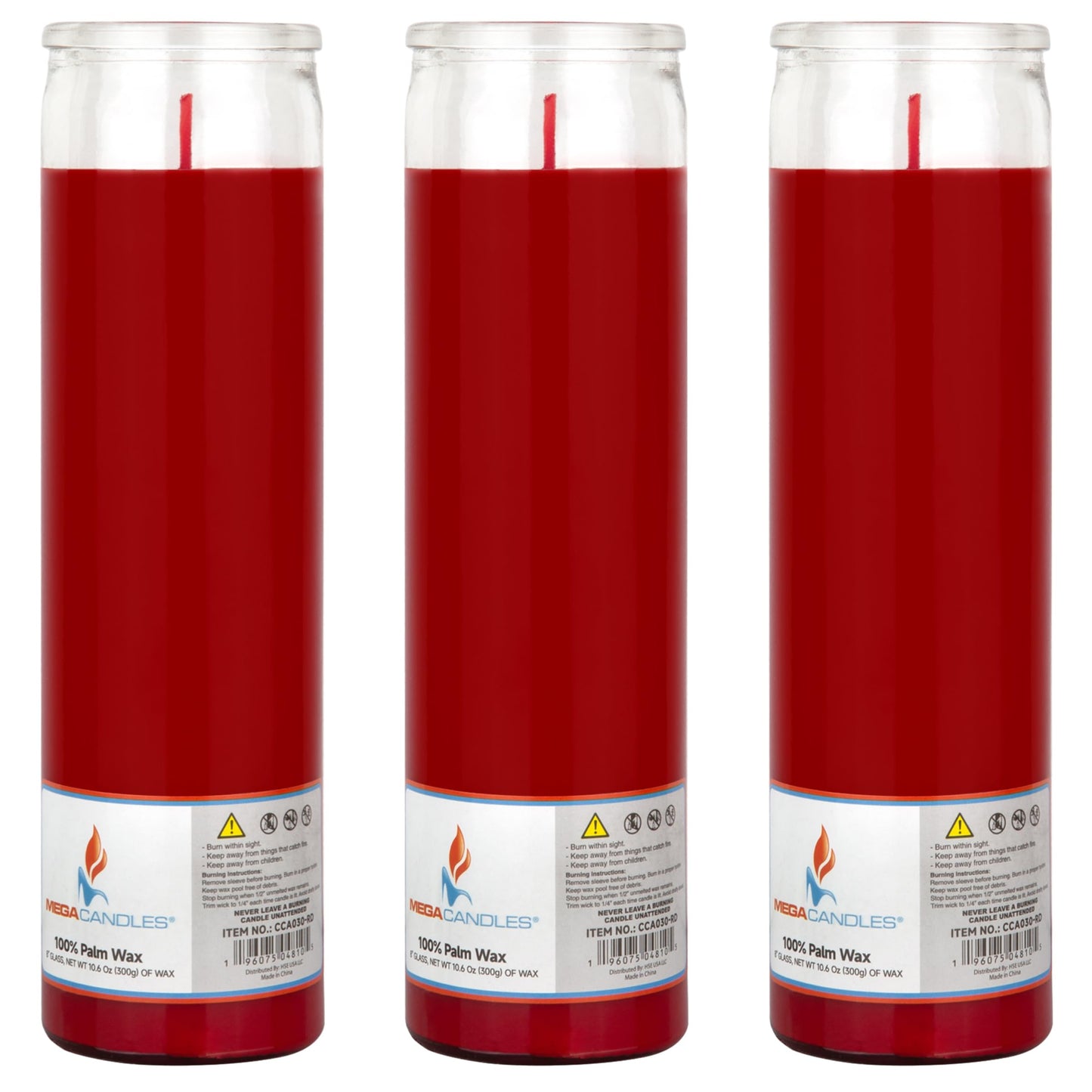 Mega Candles 3 pcs Unscented Red Glass Container Devotional Prayer Candles, Shortening Wax Candle 2 Inch x 8 Inch, Sanctuary, Vigils, Prayers, Spiritual, Blessings, Religious, Altar, Remembrance