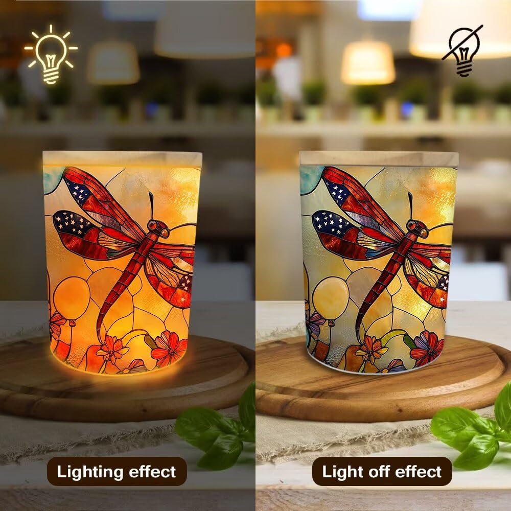 Stained Glass Dragonflies Tea Light Candle Holders, Pastoral Wildflowers Tealight Candle Holder Jar with Wooden Lid, Votive Candlesticks for Table Centerpieces, Christmas,Birthday Party