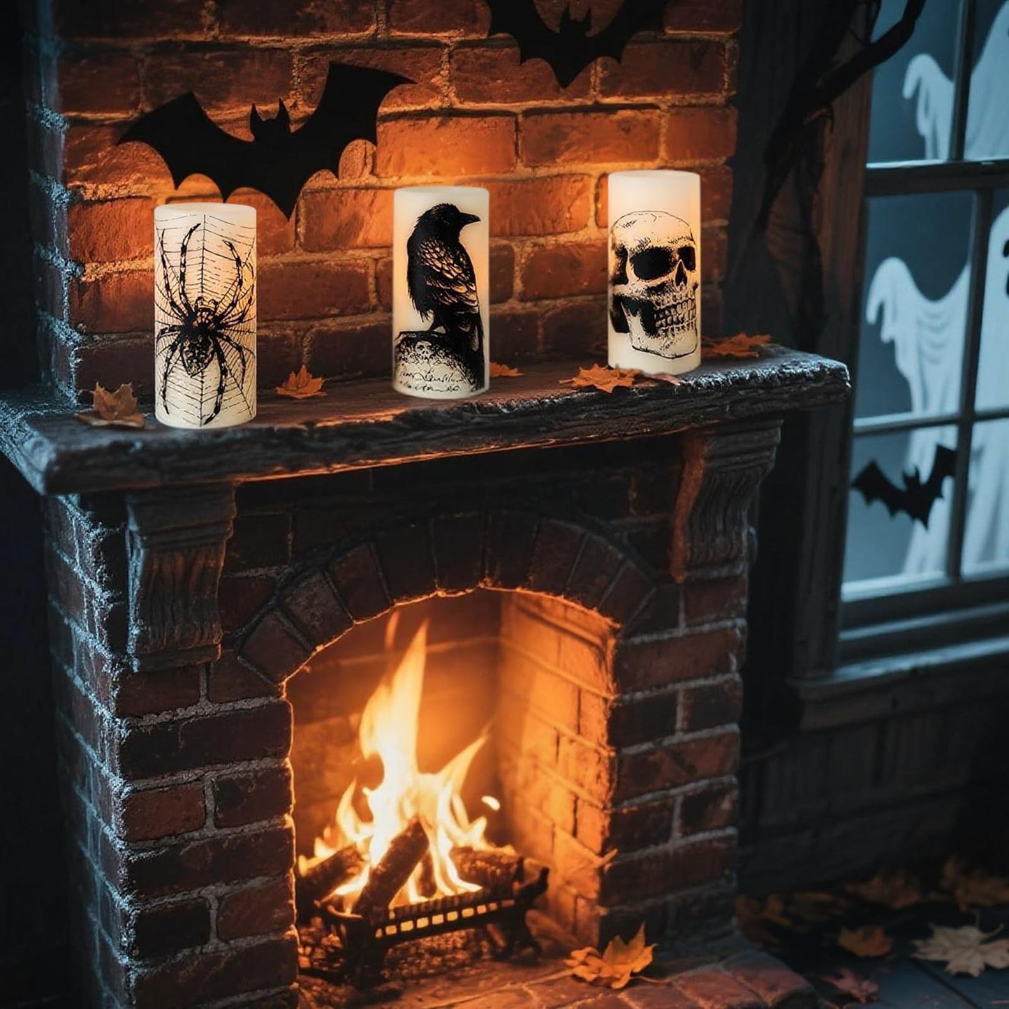 Eldnacele Halloween Flameless Candles with Skull,Spider Web, Crow Raven Decal, Rechargeable Battery Operated Cycle Timer Halloween Themed LED Real Wax Ivory Candles Spooky Decor(3pcs,D3×H6)