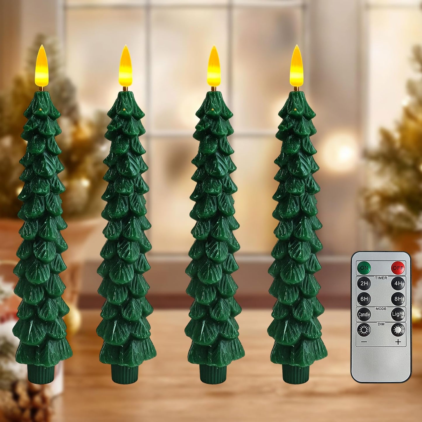 FCMSHAMD Dark Green Christmas Trees Flickering Flameless Candles with Remote and Timer, Real Wax 3D Flame Wick LED Candles, 9.8 Inch Battery Operated Candles for Christmas Home Decoration，4PCS