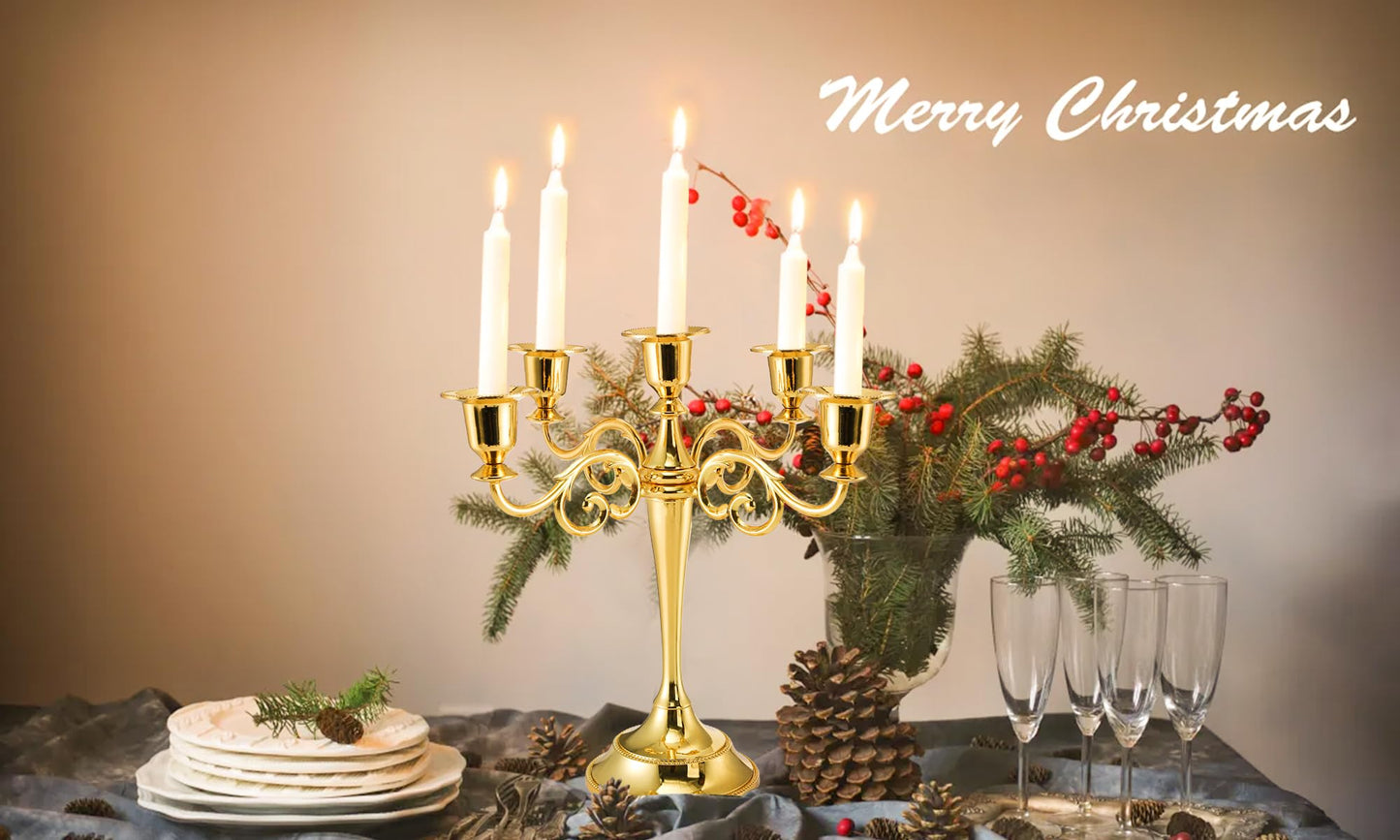 YOUEON 5 Arm Gold Candelabra, Candelabra Candle Holder, 10 Inch Tall Candlesticks Holder, Elegant Taper Candle Holder Centerpiece for Wedding, Church, Halloween, Dining, Home Decor