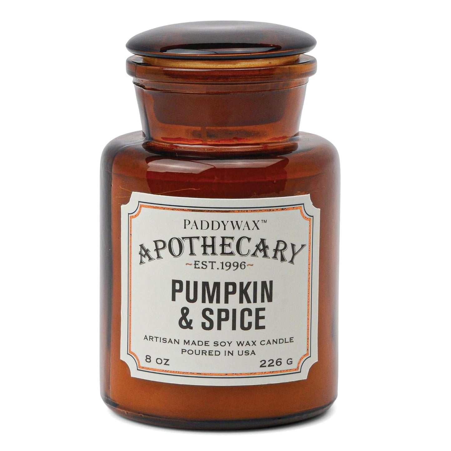 Paddywax Artisan Apothecary Scented Candle with Lid in Reusable Glass Jar, Clean-Burn Soy Candle with Approx. 54 Hour Burn Time, Pumpkin & Spice, 8 oz.