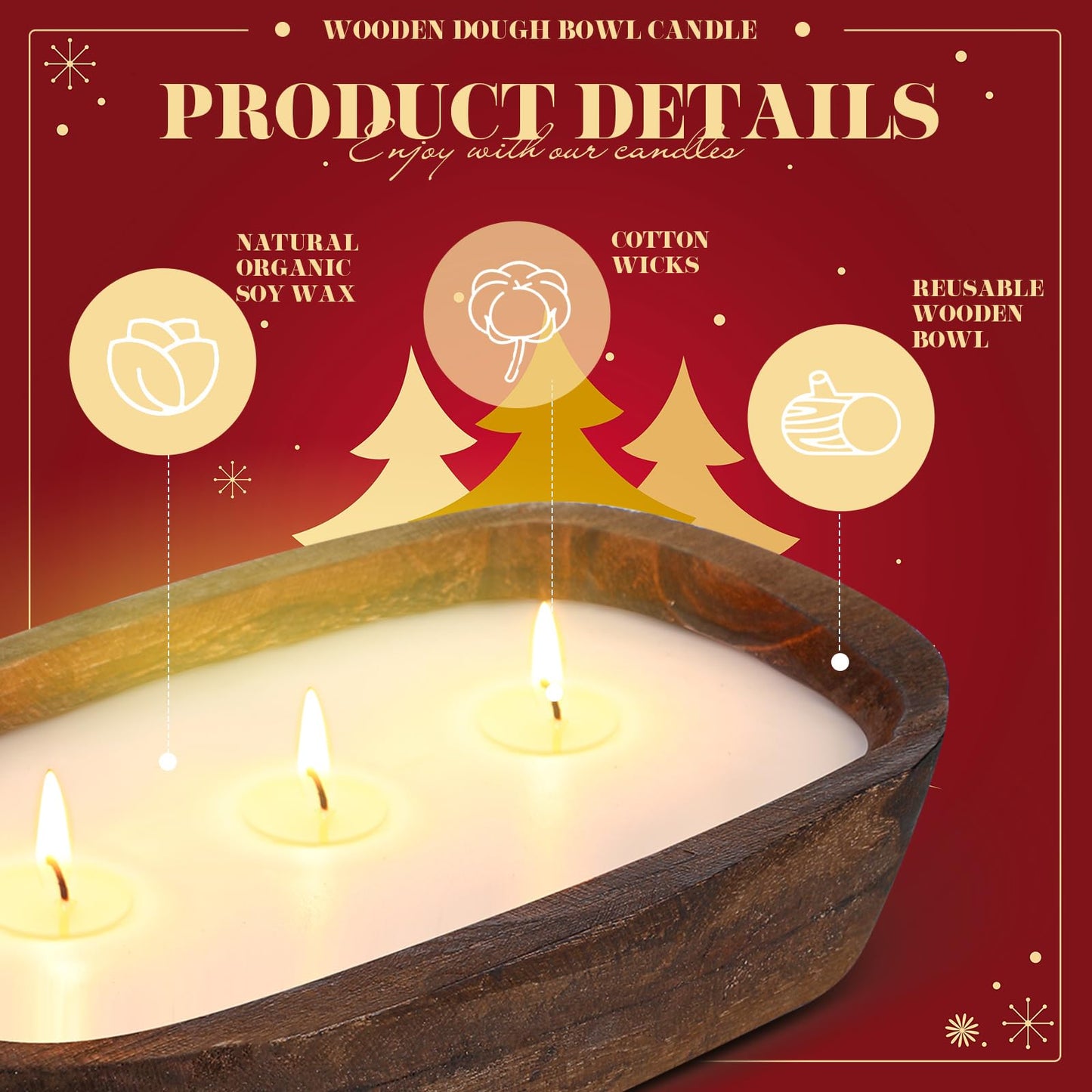 Threlaco 2 Pack Wood Dough Bowl Candle Jar Candle Decorative with Wick Scented Candles Soy Gifts for Men Women Farmhouse Table Centerpiece Home(Apple and Cinnamon)