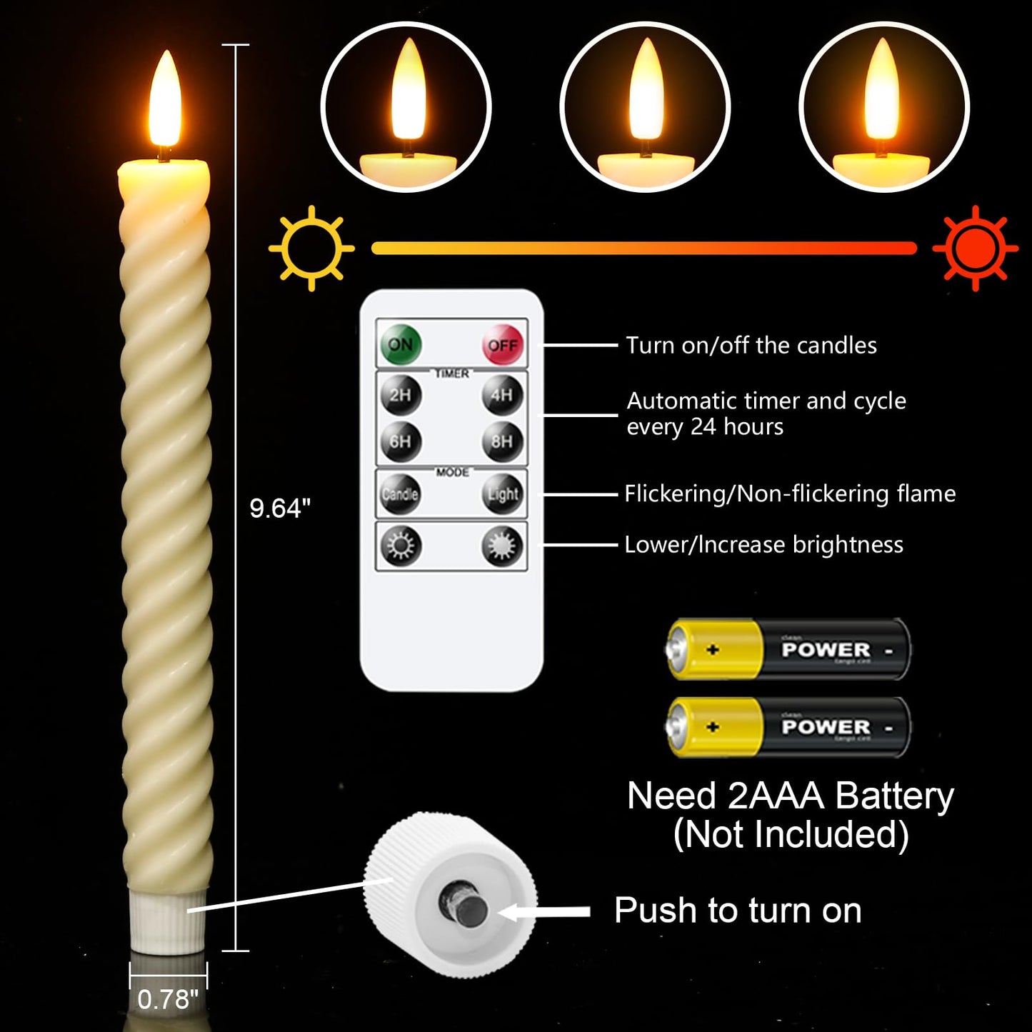 Wondise Flameless Taper Candles with Remote Timer, Real Waxy Battery Operated Flickering Spiral Candlesticks, 3D Wick LED Candles 9.6inch for Halloween Christmas Holiday Wedding Decoration (Ivory