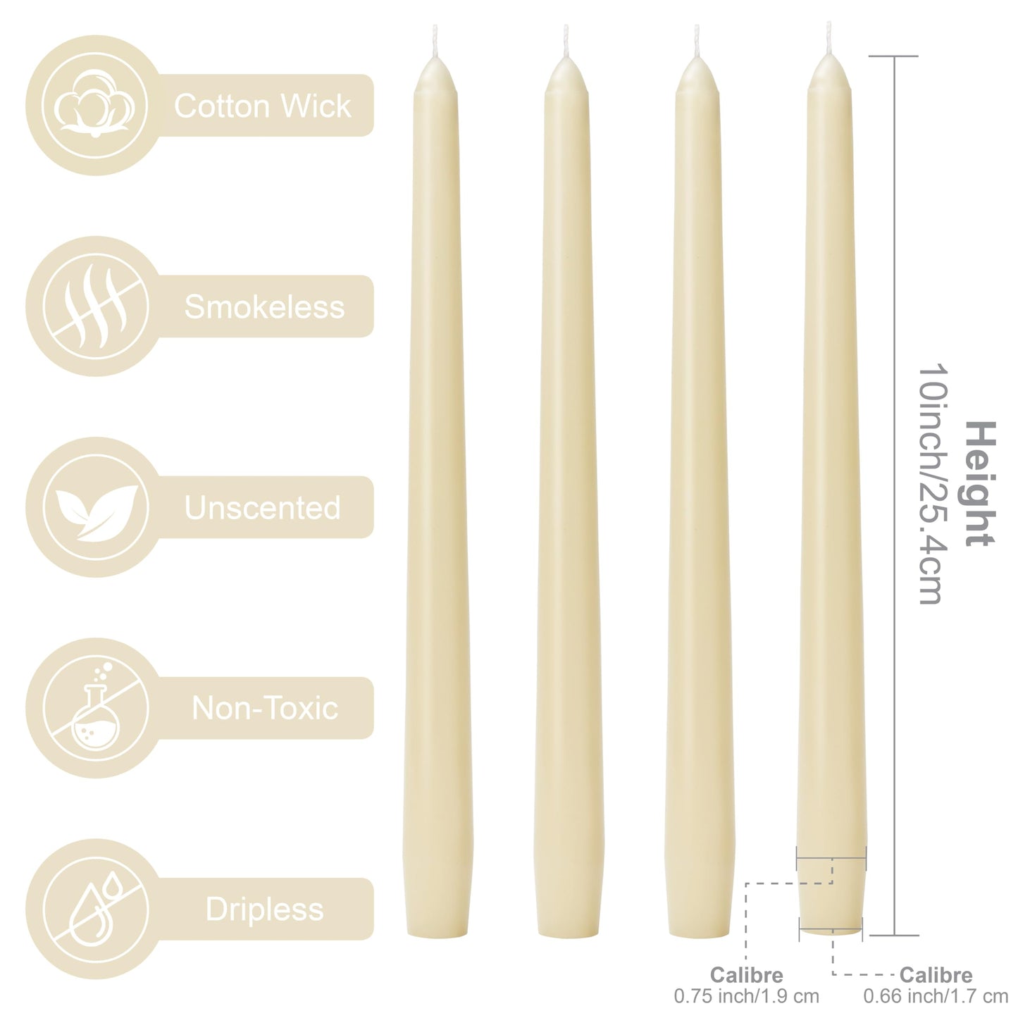 Auralome 10-Inch Ivory Taper Candles - Dripless Smokeless Tapered Candle Cream Unscented Candlesticks Paraffin Wax Long Slow Burning Tall Candle Sticks for Dinner Business Wedding Restaurants 12 Pack