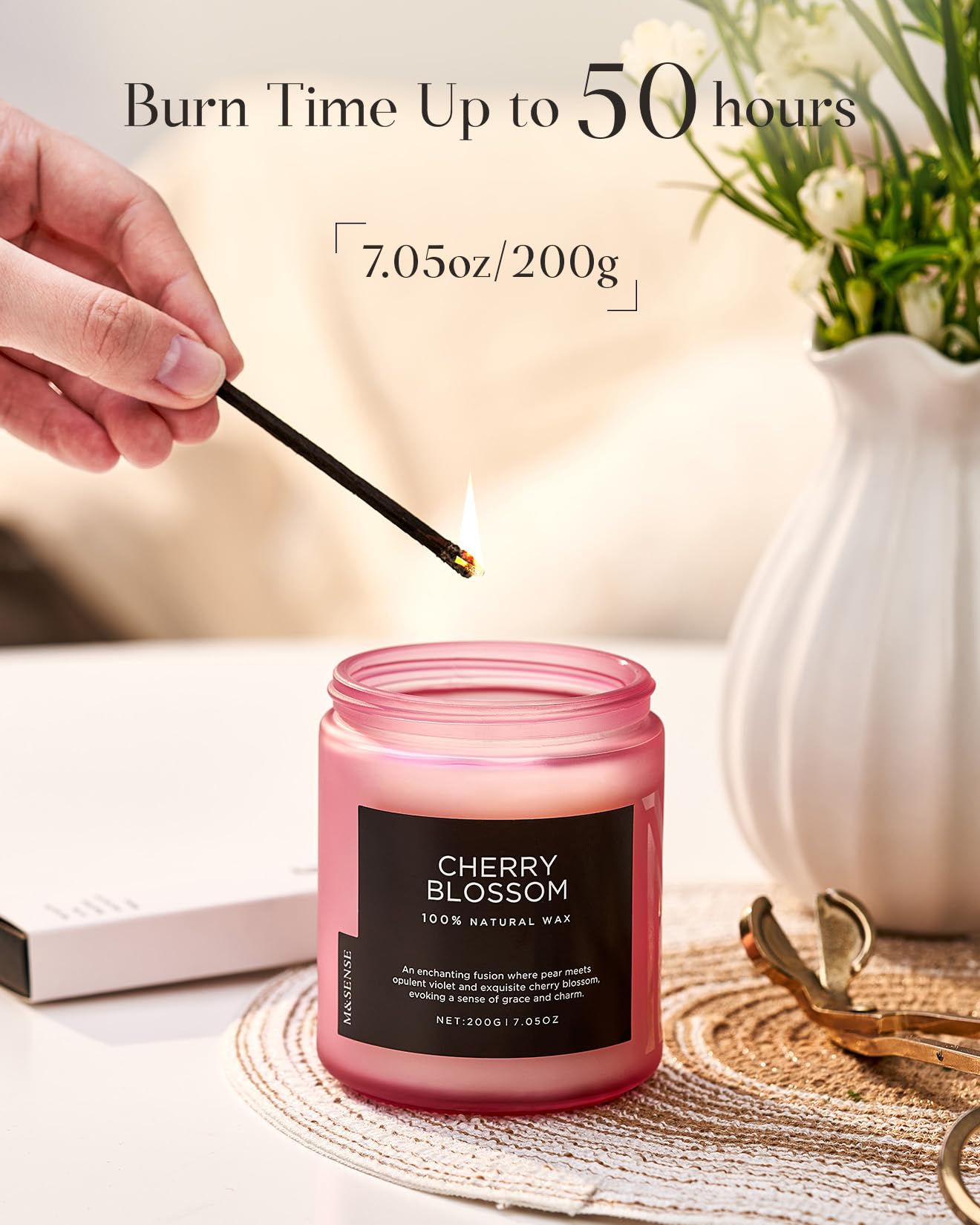 M&SENSE Cherry Blossom Scented Candle, 7.05oz Natural Organic Soy Wax, 50 Hours Non Toxic, Spring Smelling Home Scented Candle for Bath Relaxation, Stress Relief Housewarming Gift for Her