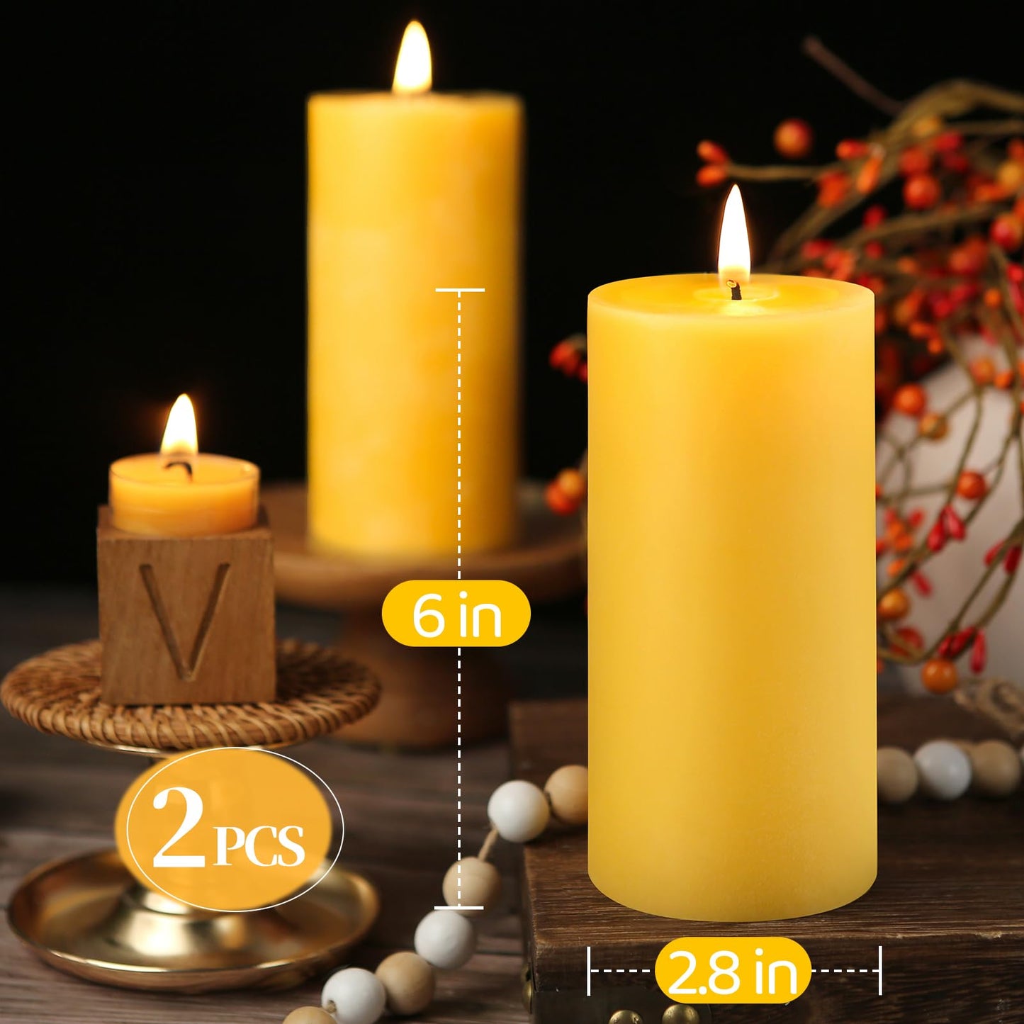 Natural Beeswax Pillar Candles,100% Pure Beeswax Candles-190 Hours Long Burning,Unscented Bees Wax Candles for Home,Prayer,Emergency,Dripless Smokeless Organic Pillar Candles Bluk-2.8x6in-2pack