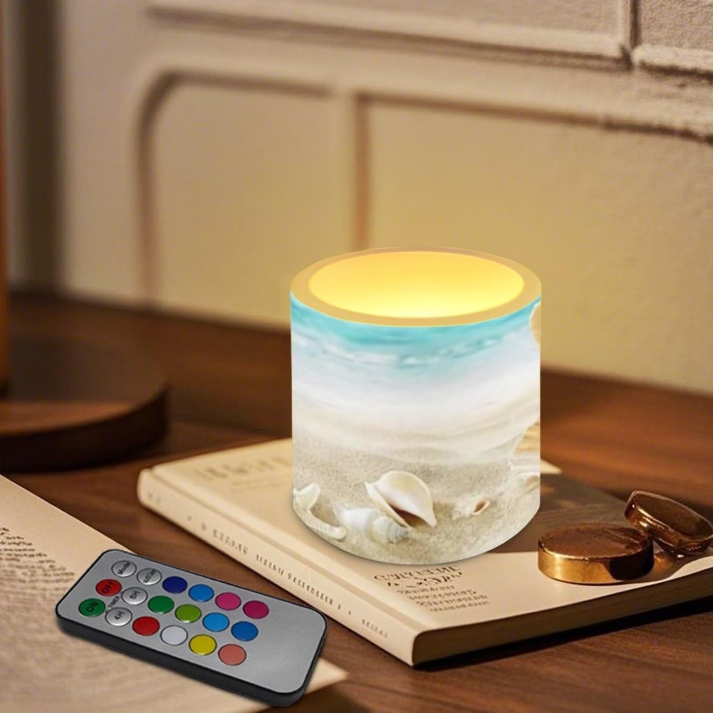 NETILGEN Beach Starfish Seashell 4 Packs Flameless Candles with Remote Timer Color Changing Realistic Flickering Flameless Candles Battery Operated Candles