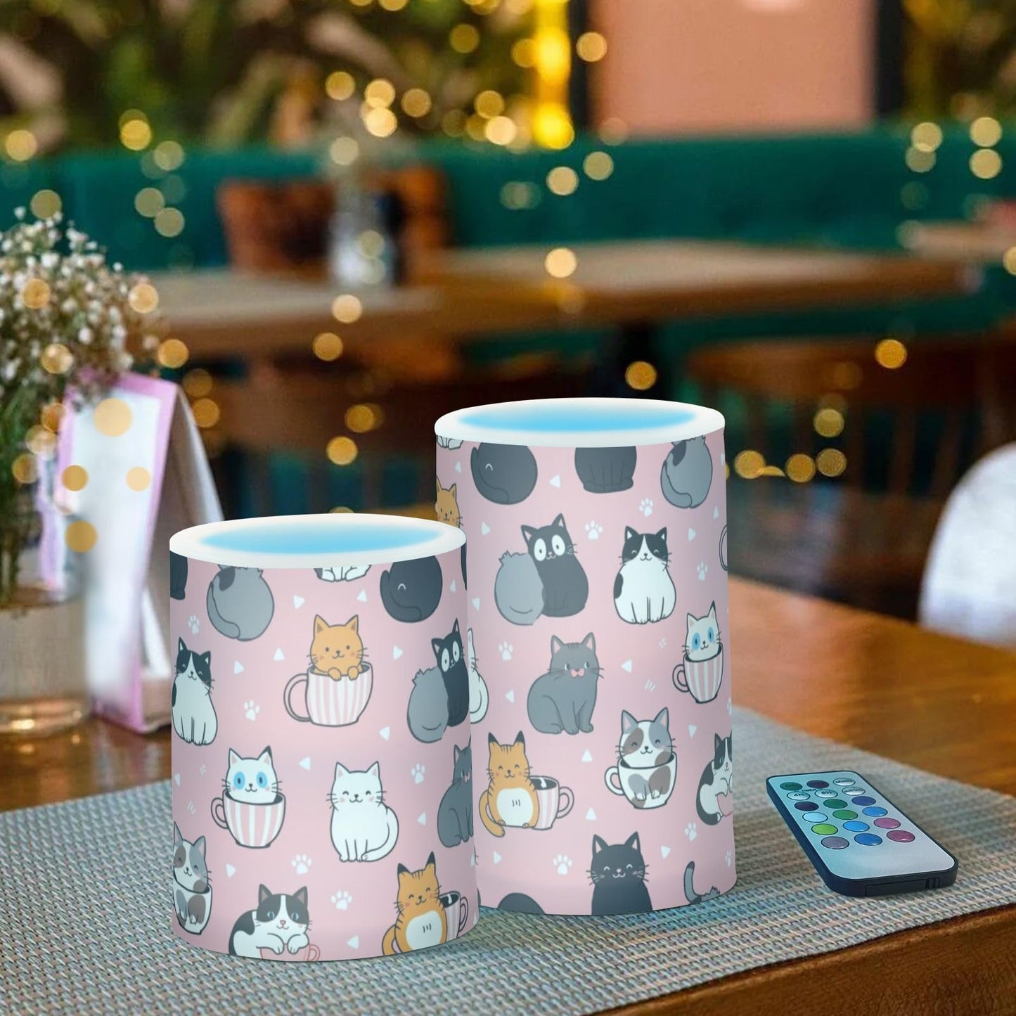 Pigsaly Flameless Candles Battery Operated Cartoon Pink Animals Cute Cat Heart Flickering Led Pillar Candles with Remote Control Colour Changing Warm Light Candles for Halloween Christmas Wedding