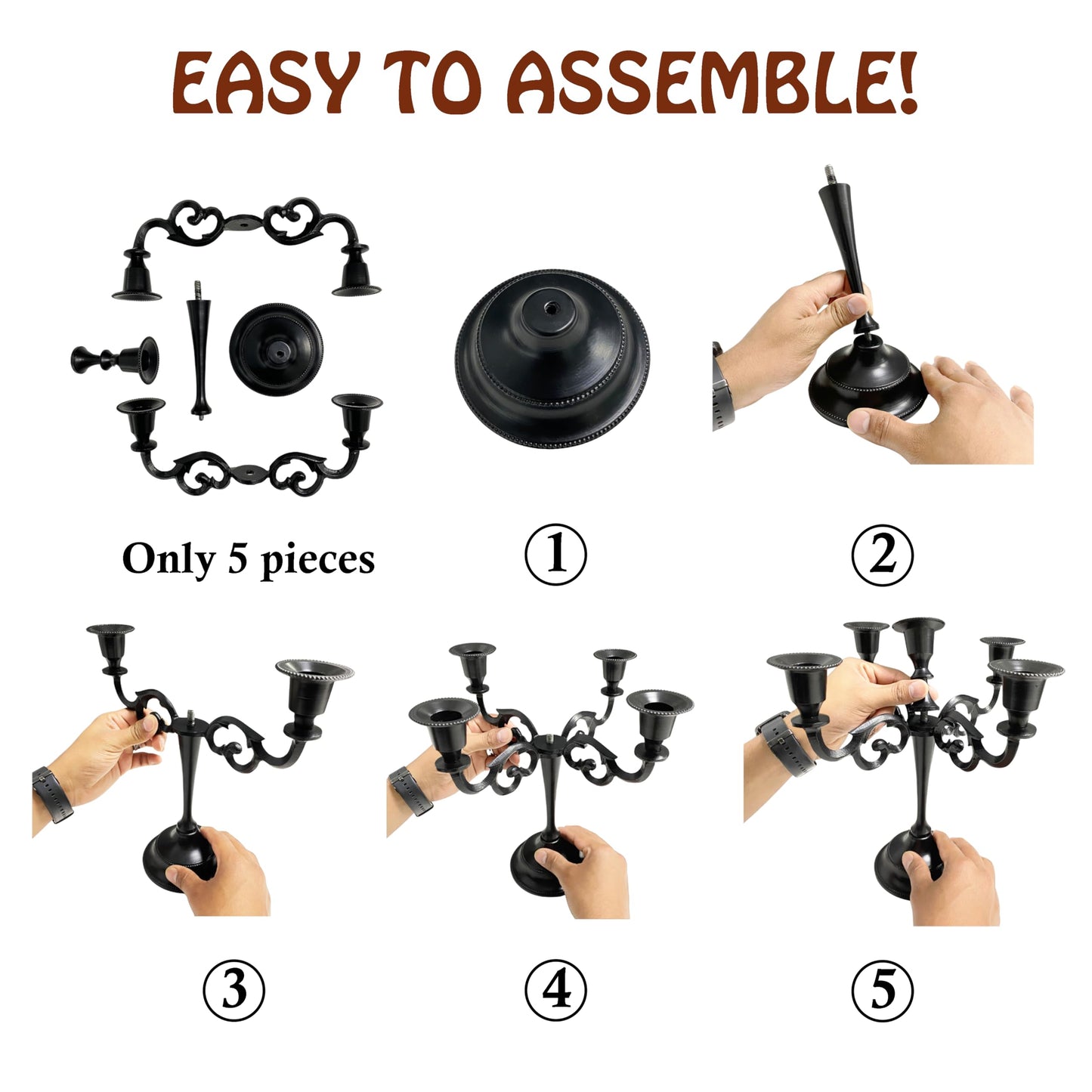 Rely+ 5 Arm Matte Black Candelabra Taper Candle Holders Decorations Indoor Kitchen Décor Table Candles Candlestick Candelabra Centerpiece Gothic Home Decor Wedding 10 Inch Tall
