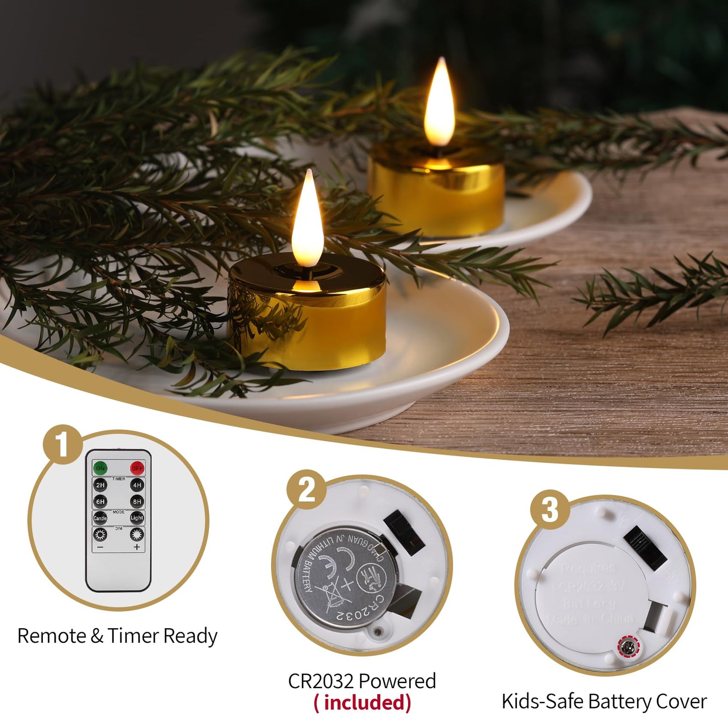 Eywamage Gold LED Tealights with Remote Batteries, Flickering Flameless Tea Lights Votive Candles Set of 12