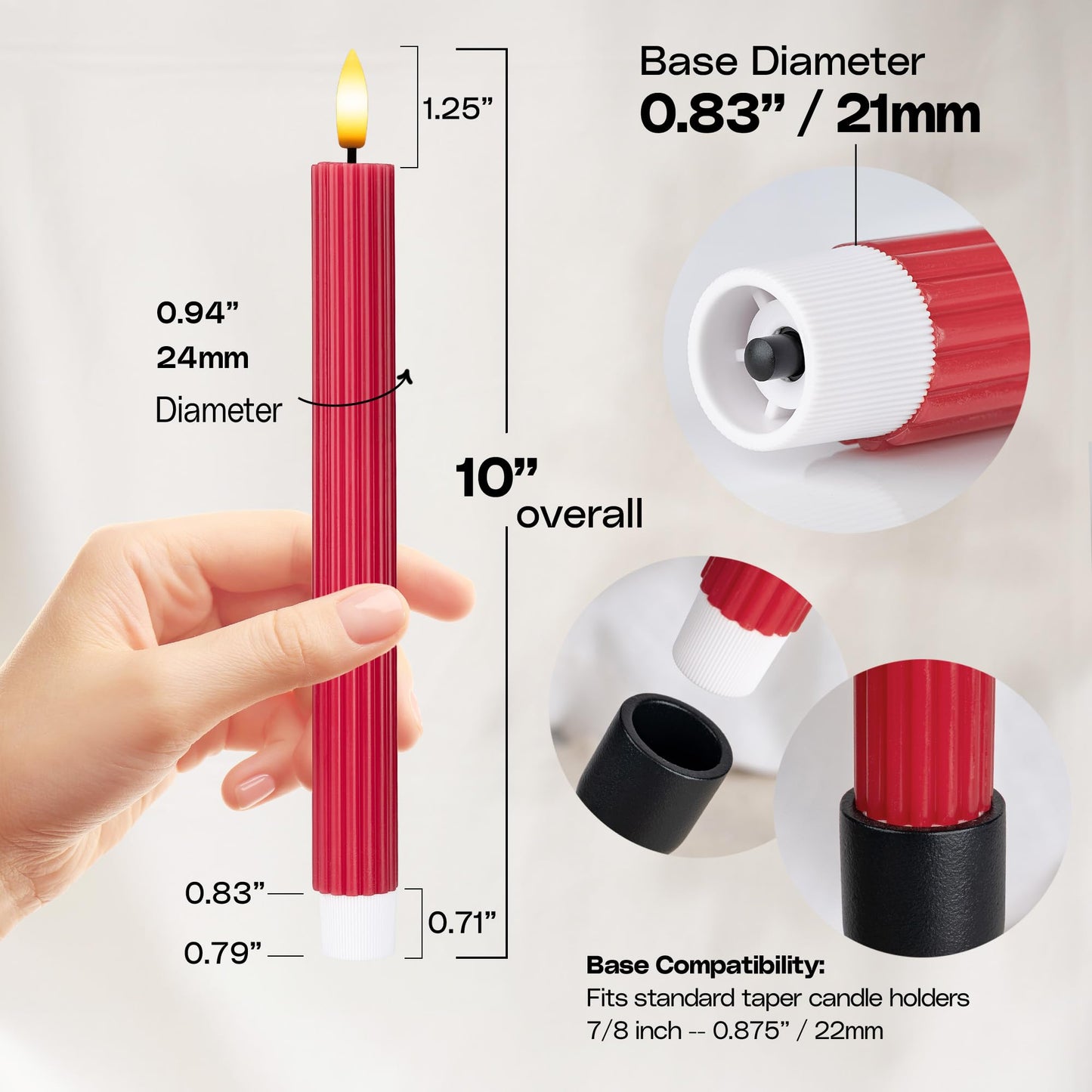 West Ivory 12 Pack, 10" LED Flameless Red Fluted Ribbed Grooved Taper Candles, Remote & 24h Timer Memory, On/Off Button, Dimmable, Flicker Mode, Battery Operated, Christmas Menorah Wedding