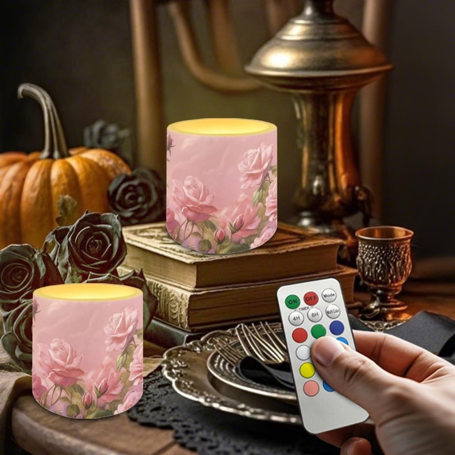 Cozeyat Pink Floral Versatile LED Flameless Candles 4 Pack Battery Operated with Remote Control Timer Dancing Flame Waterproof for Indoor Outdoor Home Table