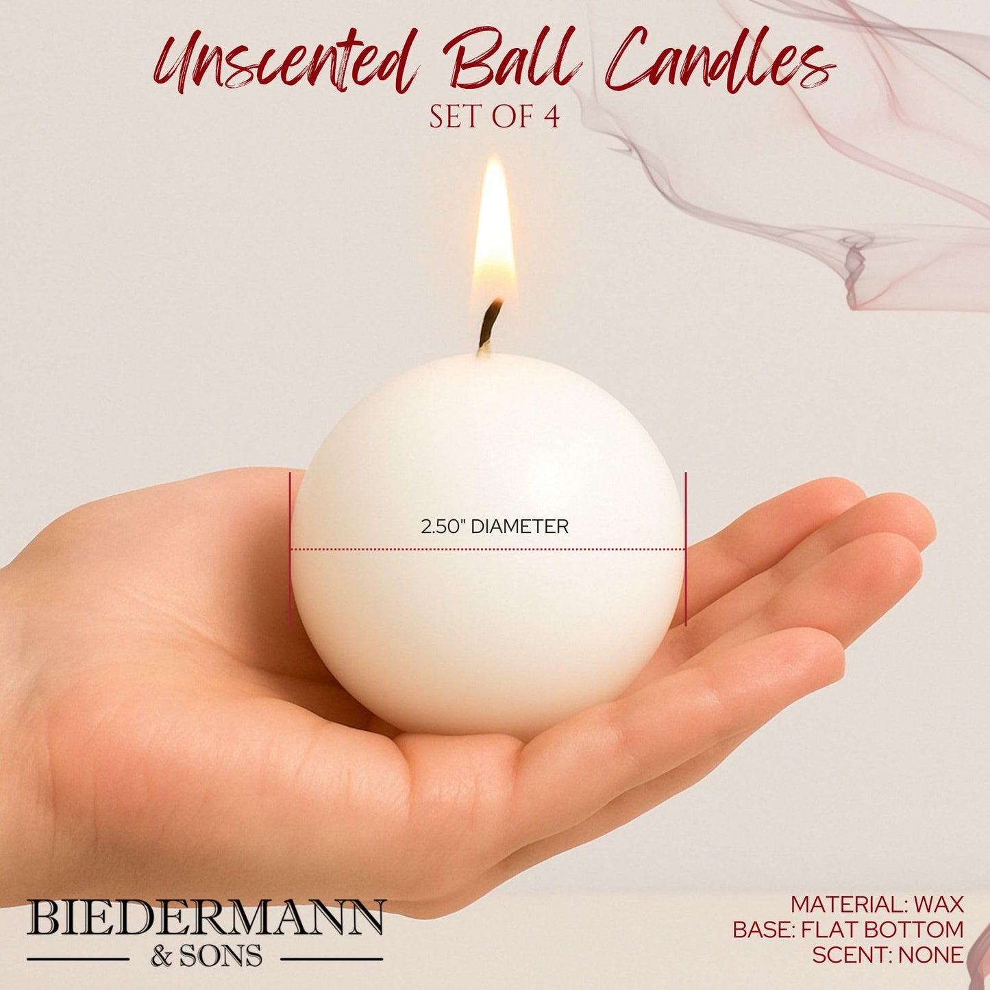 Biedermann & Sons Peach Round Candles (Set of 4), Unscented Dripless Balls, 2.5" Spheres, 8 Hour Burn, Small Decorative Set for Tables Trays and Vignettes