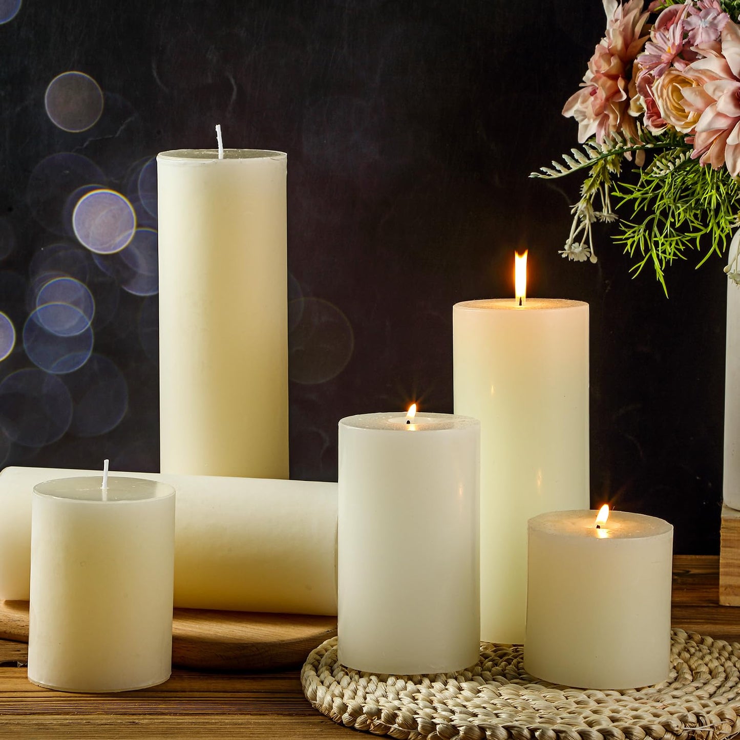Shihanee 24 Pcs Pillar Candles 3 in x 3,4,5,6,8,10 Dripless Unscented Smokeless Candle Long Burning Decorative Rustic Candles with Cotton Wick for Wedding Home Fireplace (Ivory White)