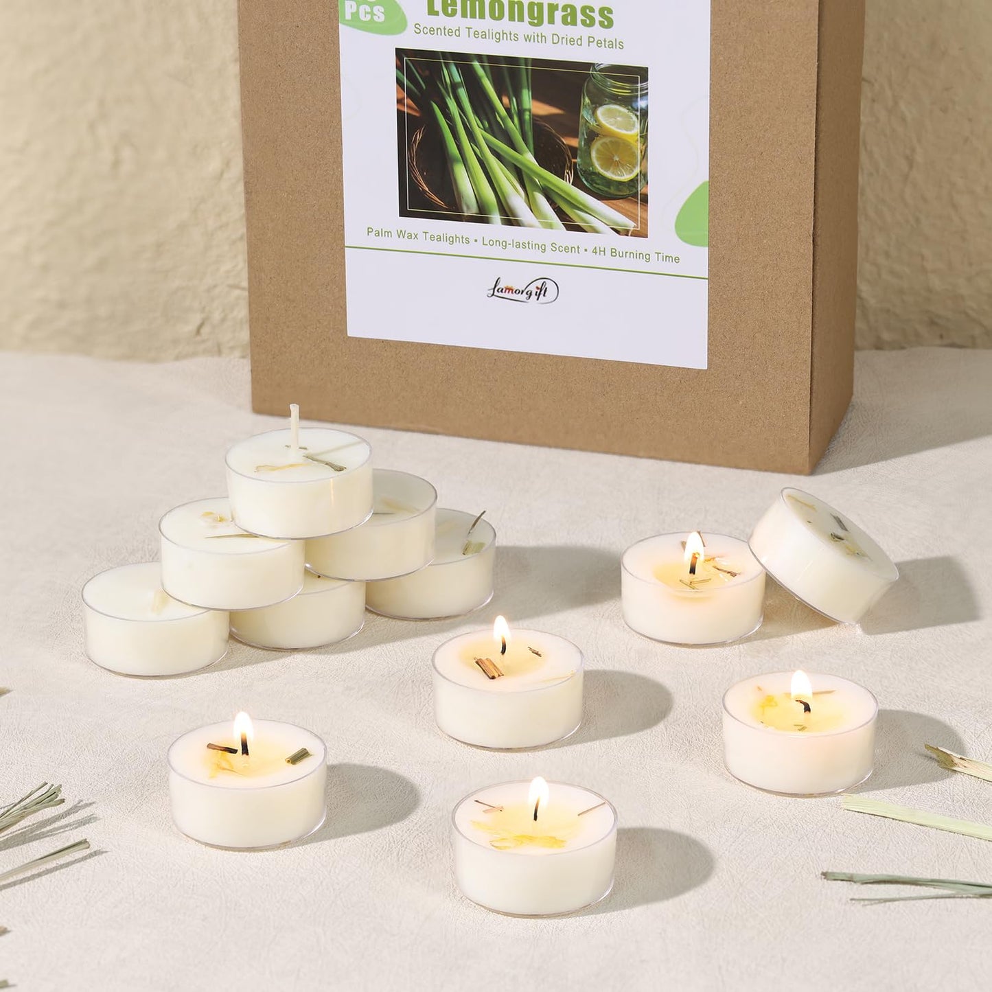 Citronella Tea Light Candles Outdoor, 8 Pack- Extended 4-5h Clear Cup Scented Tealight Candles with Handmade Floral Surface, 100% Natural Palm Wax Tealights Smokeless for Patio, Summer, Indoor