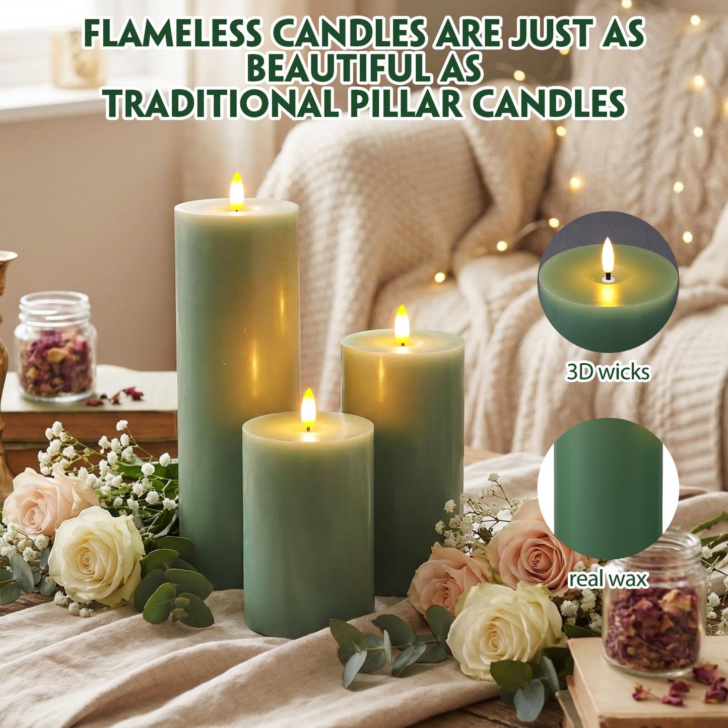 Retisee 3 Pcs Large Flameless LED Battery Operated Candles with Remote and Timer Spring Real Wax Flickering Candles for Indoor Outdoor Party Wedding Lights Decorations, Sage Green