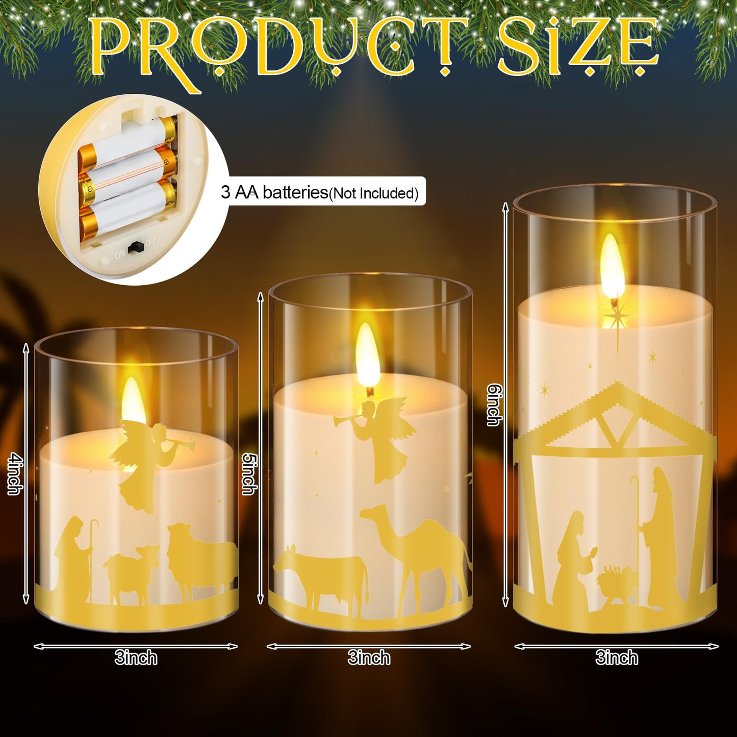 Blosssound 3 Pack Christmas Nativity Flameless Candles Battery Operated Xmas Nativity Jesus Flameless Flickering Candles LED for Home Fireplace Winter Holiday Table Decorations Christmas Gifts