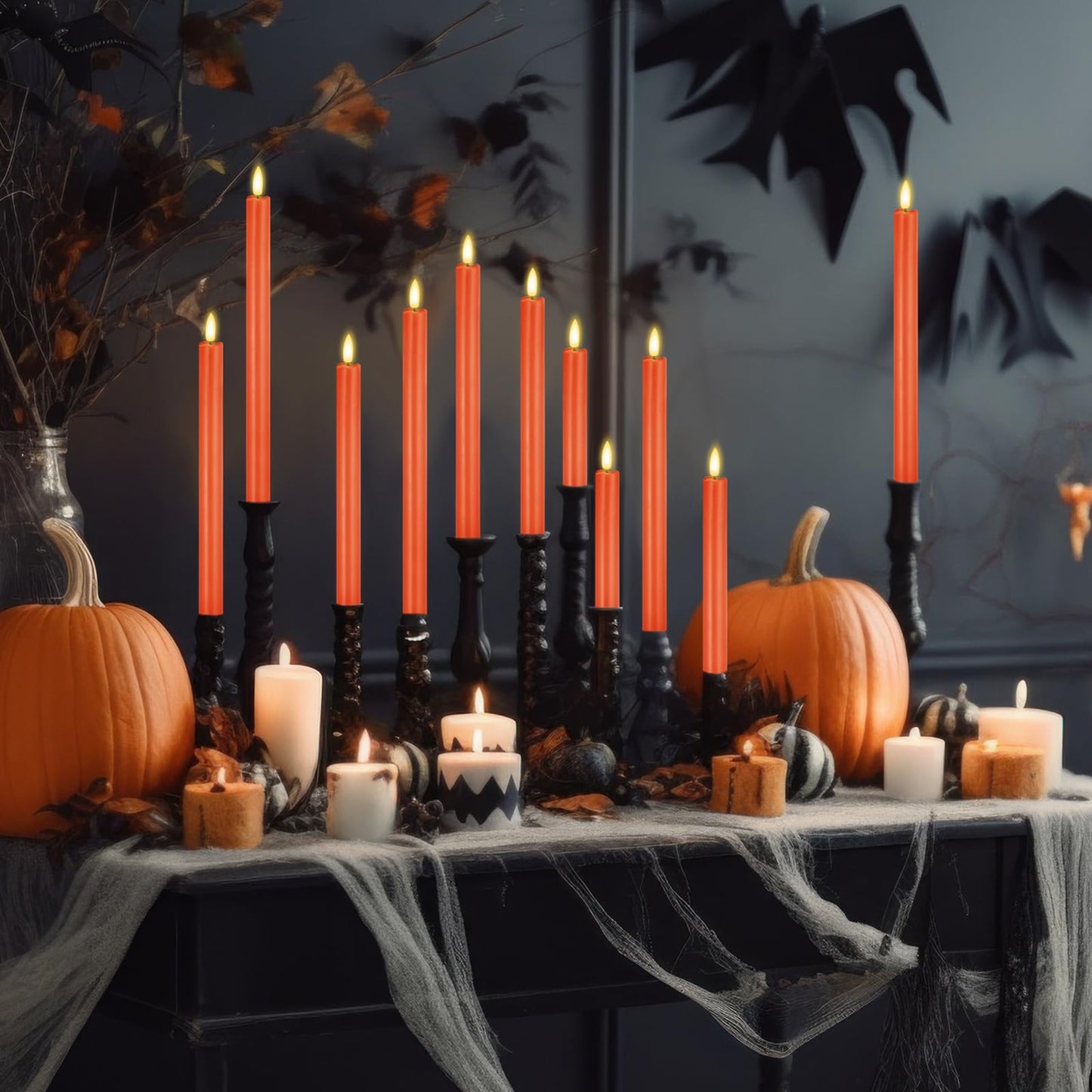 Rossesay 20 Pcs Flameless LED Taper Candles Battery Operated Taper Candles 5 Sizes of 6.5'', 7.7'', 8.8'', 10.0'', 11.2'' Flameless Candlesticks Flickering with 3D Flame for Wedding (Orange)