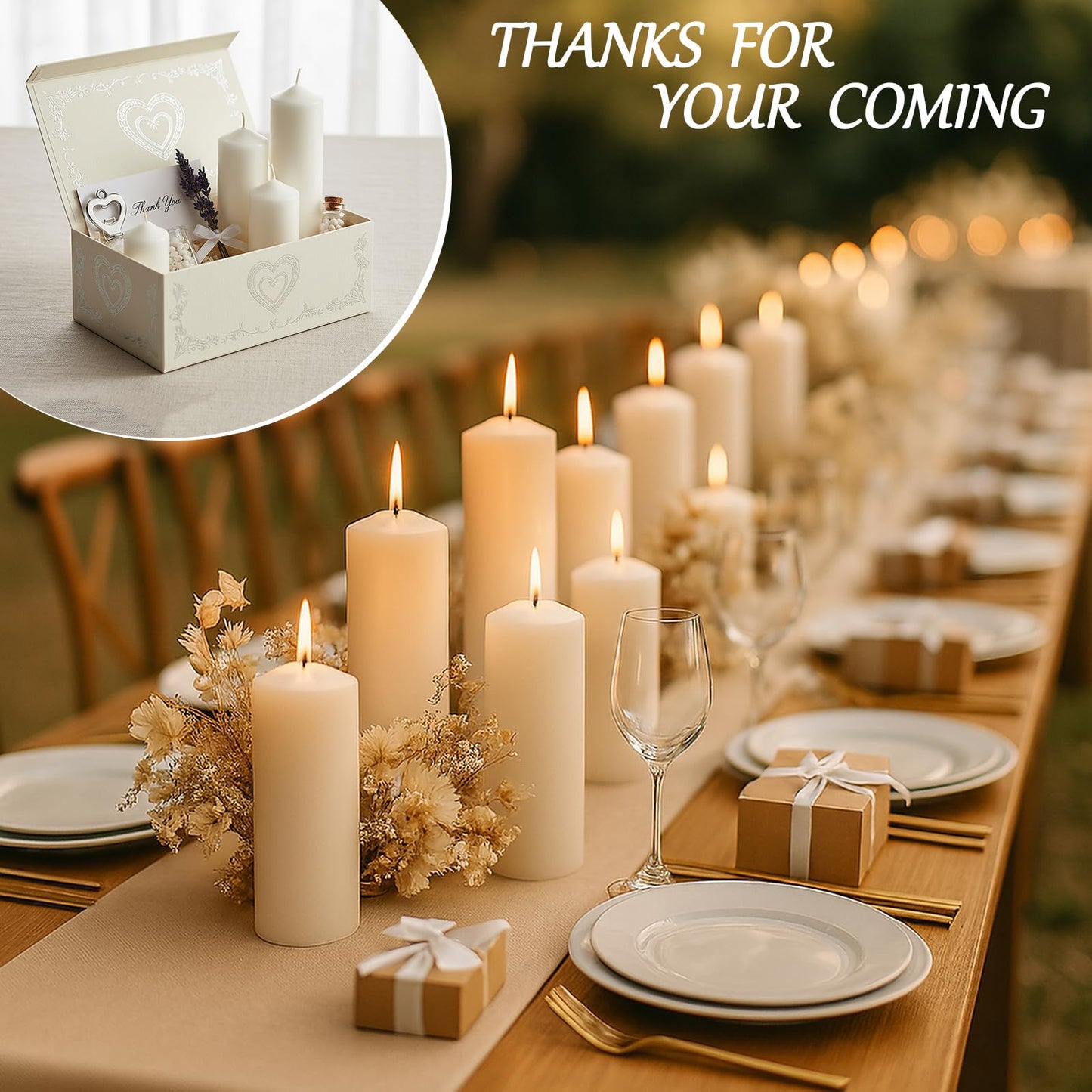 Veiuwa 18 Pcs White Pillar Candles Bulk Set，Hurricane Candles，2x3 2x4 2x6 Inch - 12 Each Size，Dripless Unscented Smokeless，Gives You a Better Atmosphere When Organizing an Event Party.