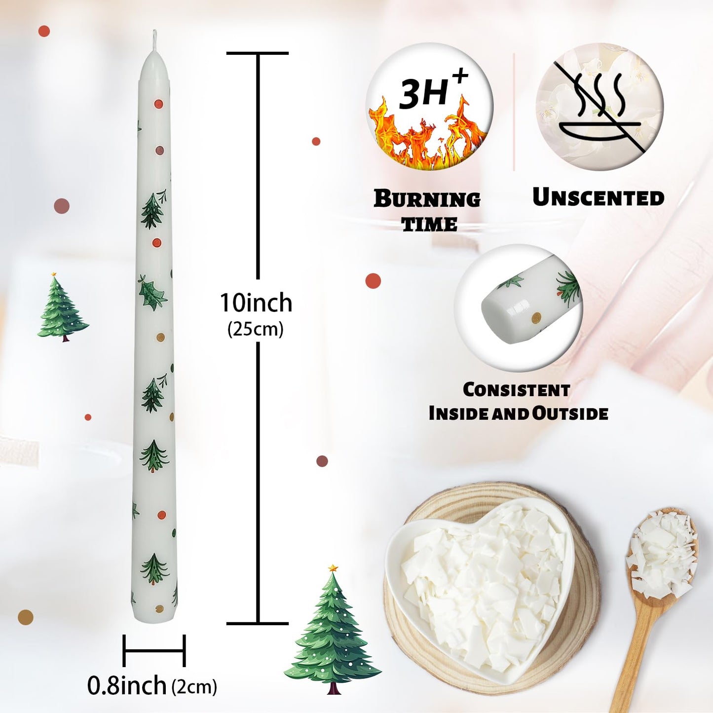 Floral Taper Candles 10 Inch Tall Unscented Handmade Small Christmas Trees Print Candles Long Burning Elegant Candlesticks for Christmas Decor Gifts