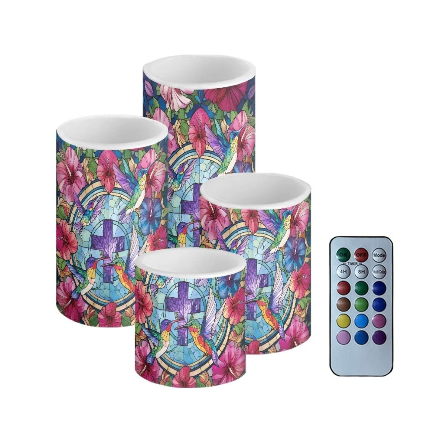 Cozeyat Cross Hummingbird Floral LED Candles Set of 4 Battery Powered Flameless with Remote Timer Flickering Waterproof for Indoor Outdoor Table Garden Birthday Decor