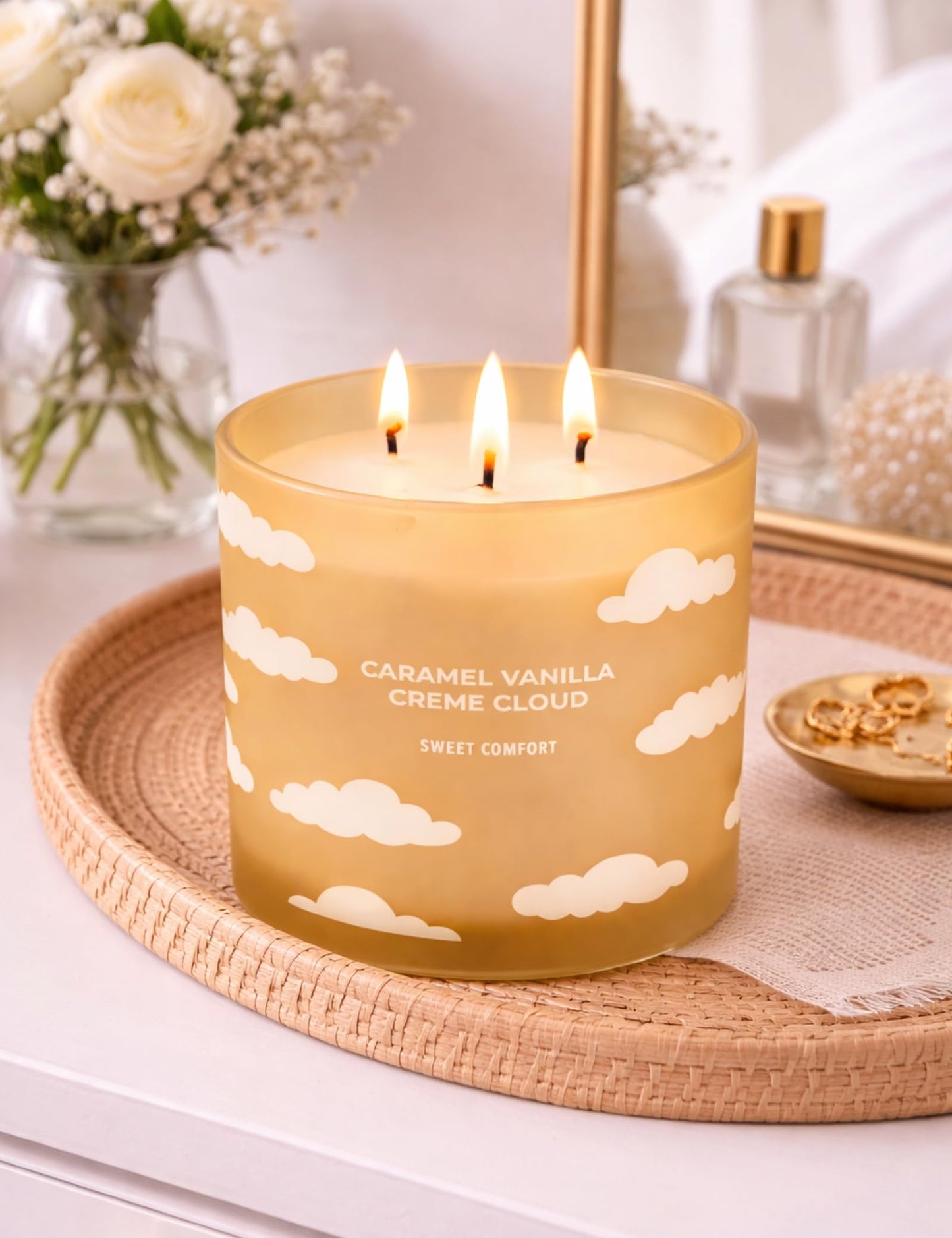 Caramel Vanilla Creme Scented Candle | Large 3 Wick Scented Soy Candle for Home | 14.5oz Warm Vanilla Caramel Candle | Creme Brulee Toffee Candles | Long Lasting Clean Burn | Gift for Women & Men