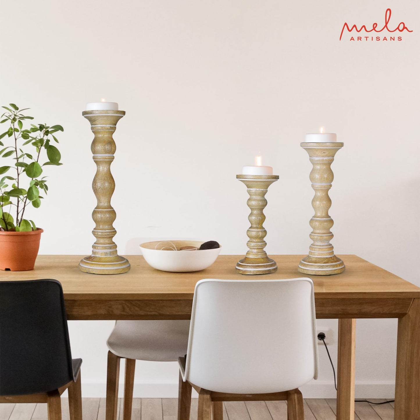 “Willow” Candle Holders for Pillar Candles (Whitewash, Set of 3) - Mangowood Candle Stand - Farmhouse Wooden Candle Holders Pillar -Candle Holder Decor for Fireplace or Table Centerpiece -9”, 12”, 15”