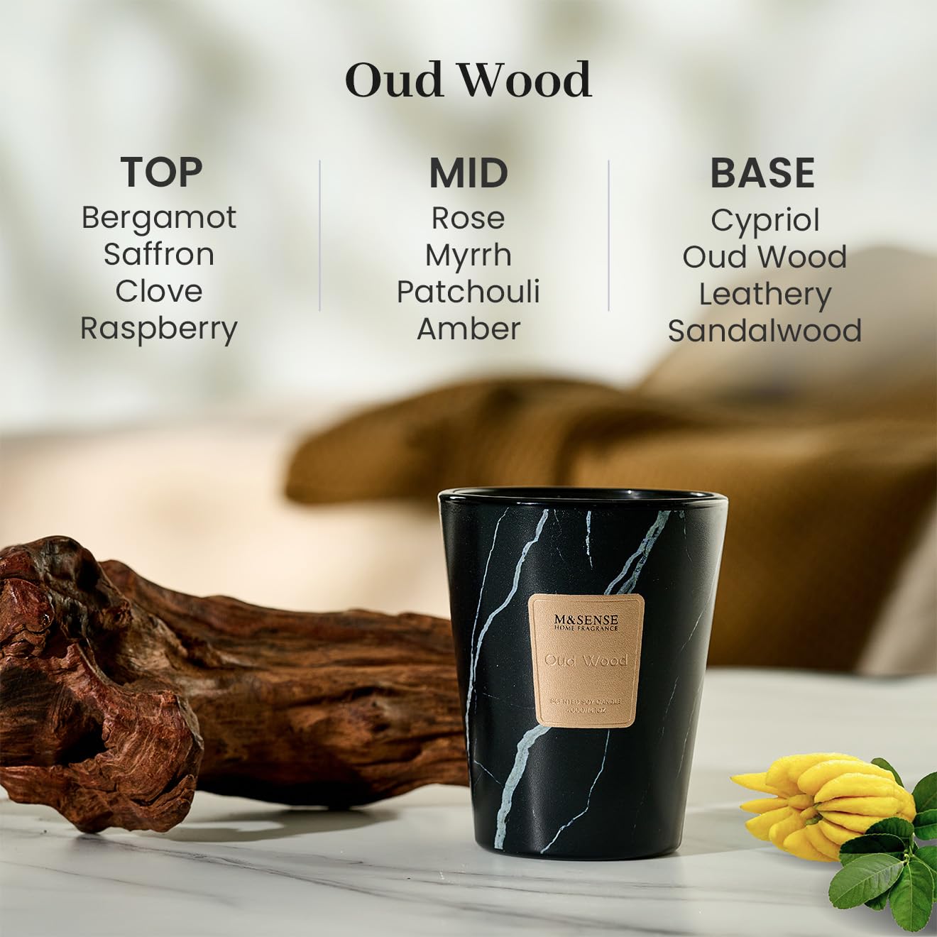 M&SENSE Oud Wood Scented Soy Candle, 3 Wick Highly Scented 14.1 Oz 75H, Aromatherapy Christmas Gift for Women and Men